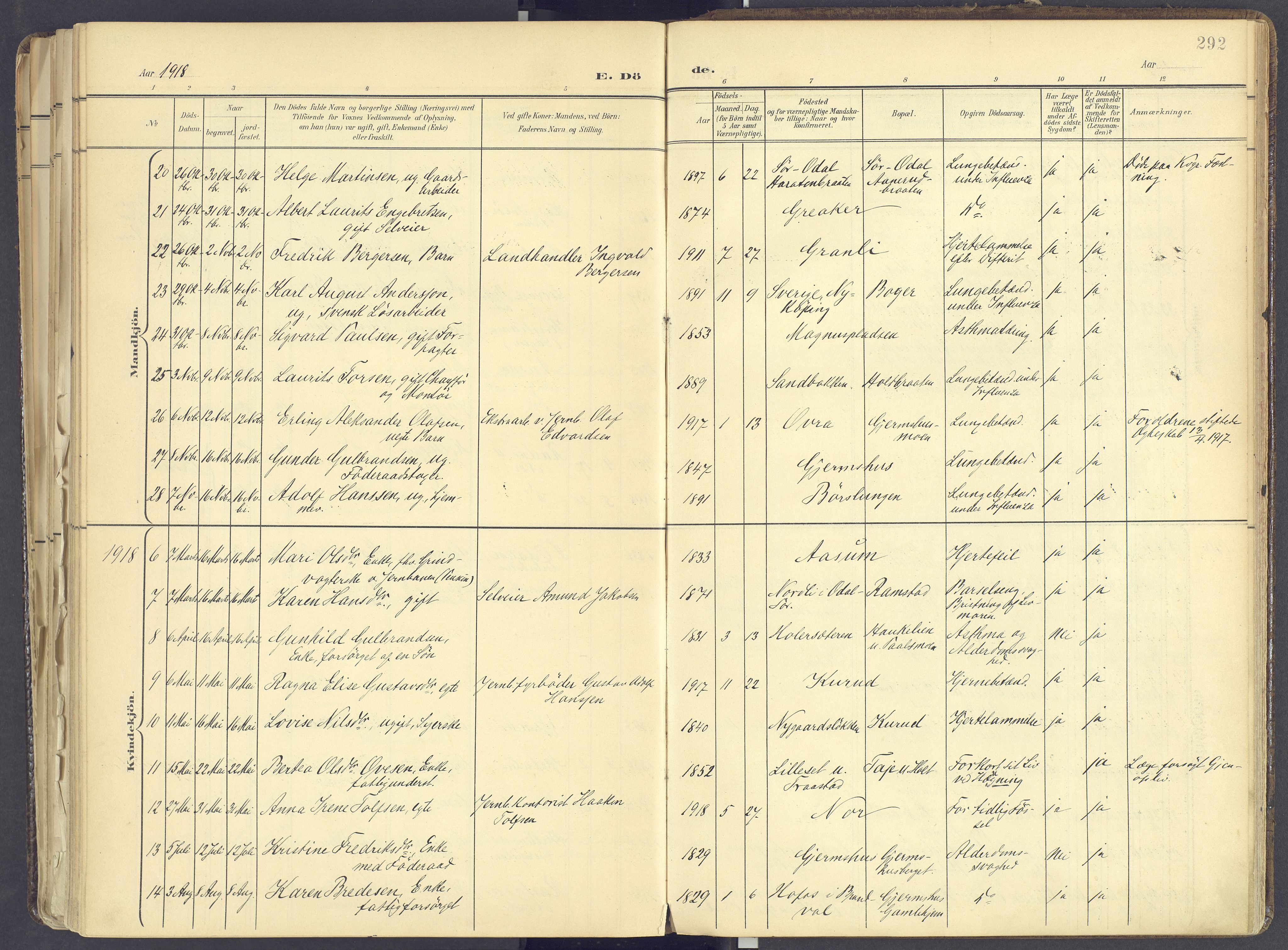 Vinger prestekontor, AV/SAH-PREST-024/H/Ha/Haa/L0017: Parish register (official) no. 17, 1901-1927, p. 292