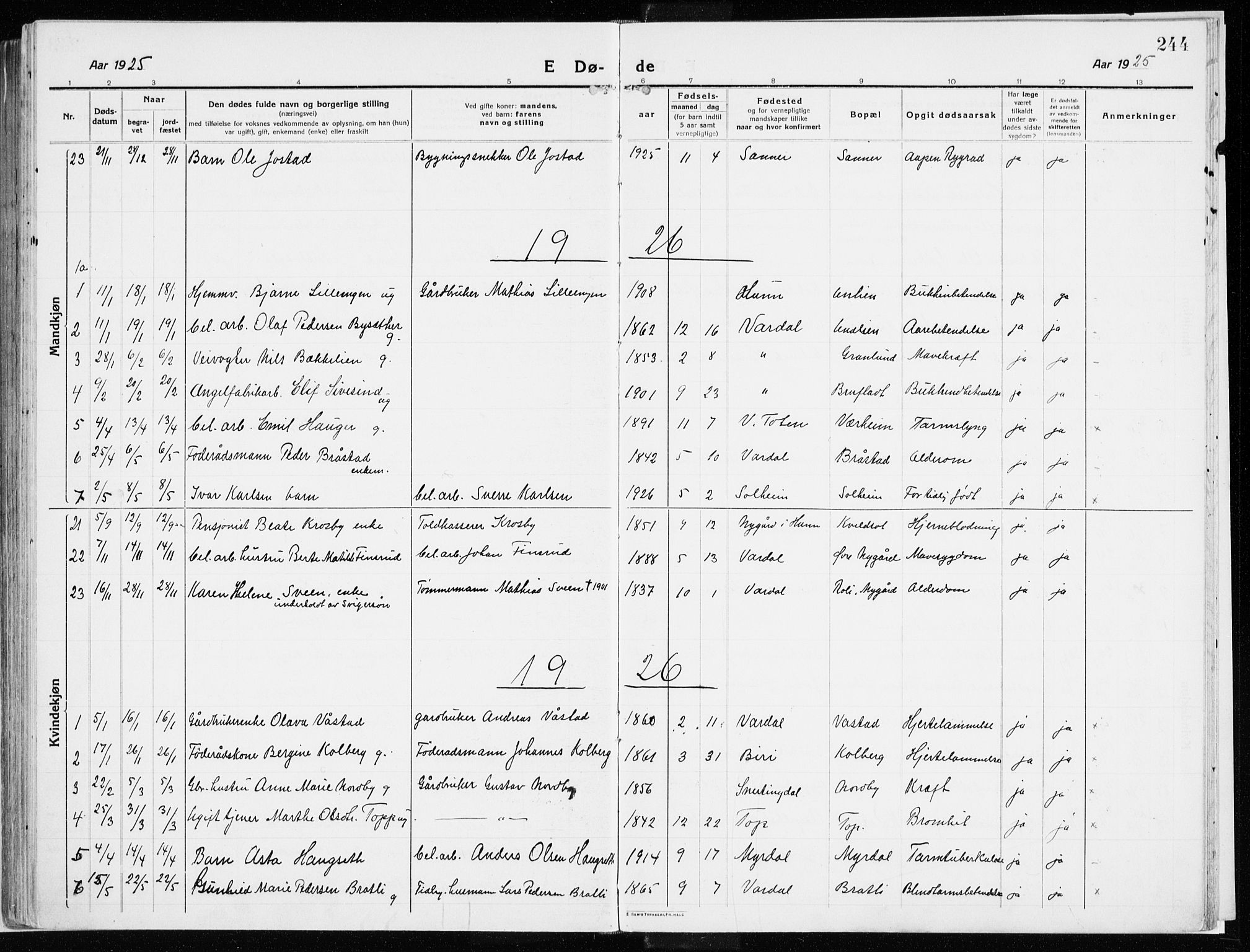 Vardal prestekontor, SAH/PREST-100/H/Ha/Haa/L0017: Parish register (official) no. 17, 1915-1929, p. 244