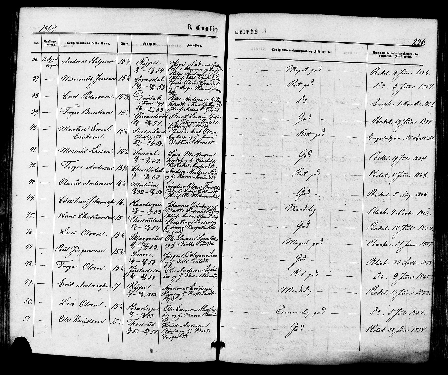 Lier kirkebøker, AV/SAKO-A-230/F/Fa/L0013: Parish register (official) no. I 13, 1865-1874, p. 226