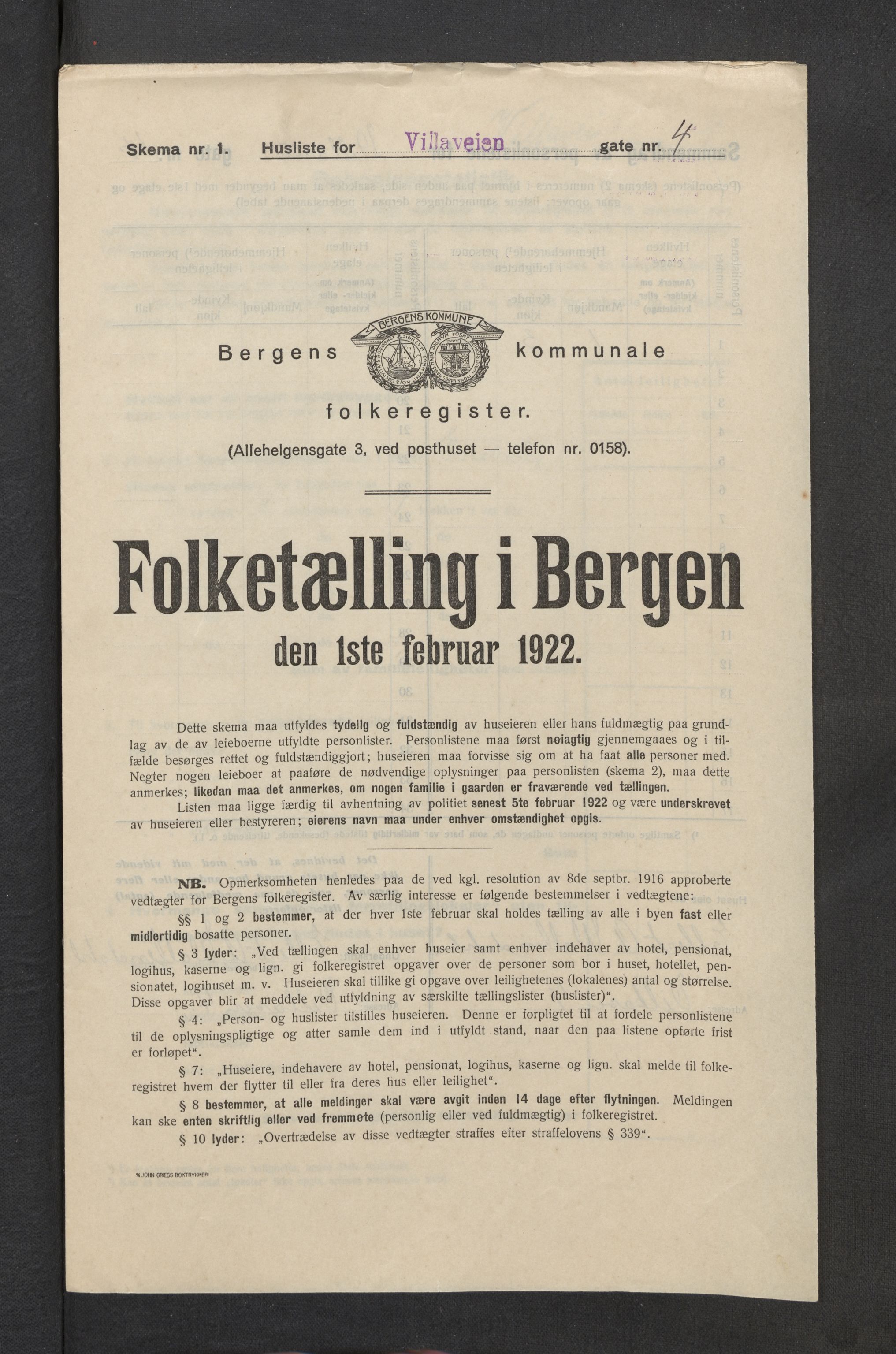 SAB, Municipal Census 1922 for Bergen, 1922, p. 46401