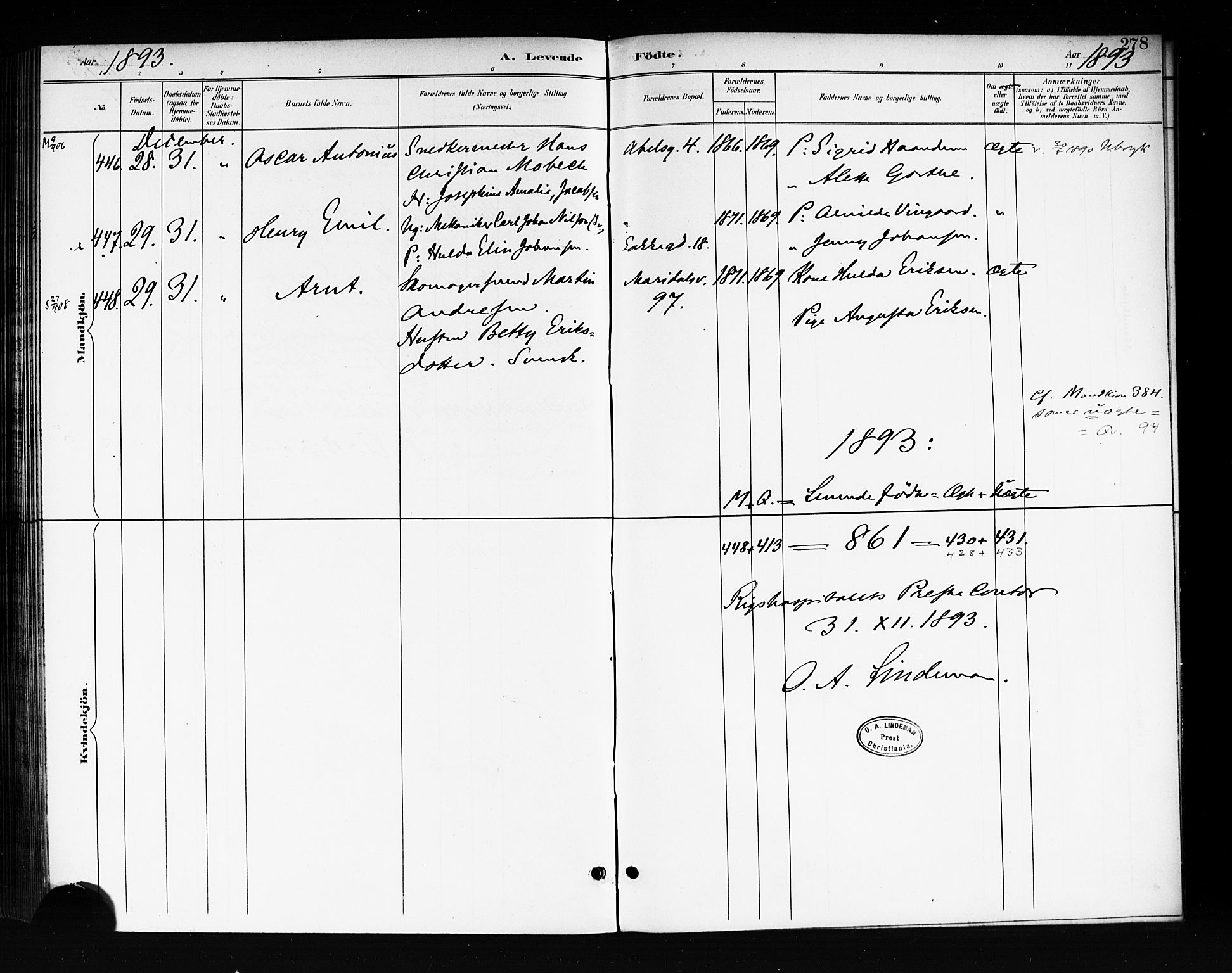 Rikshospitalet prestekontor Kirkebøker, AV/SAO-A-10309b/F/L0008: Parish register (official) no. 8, 1890-1893, p. 278