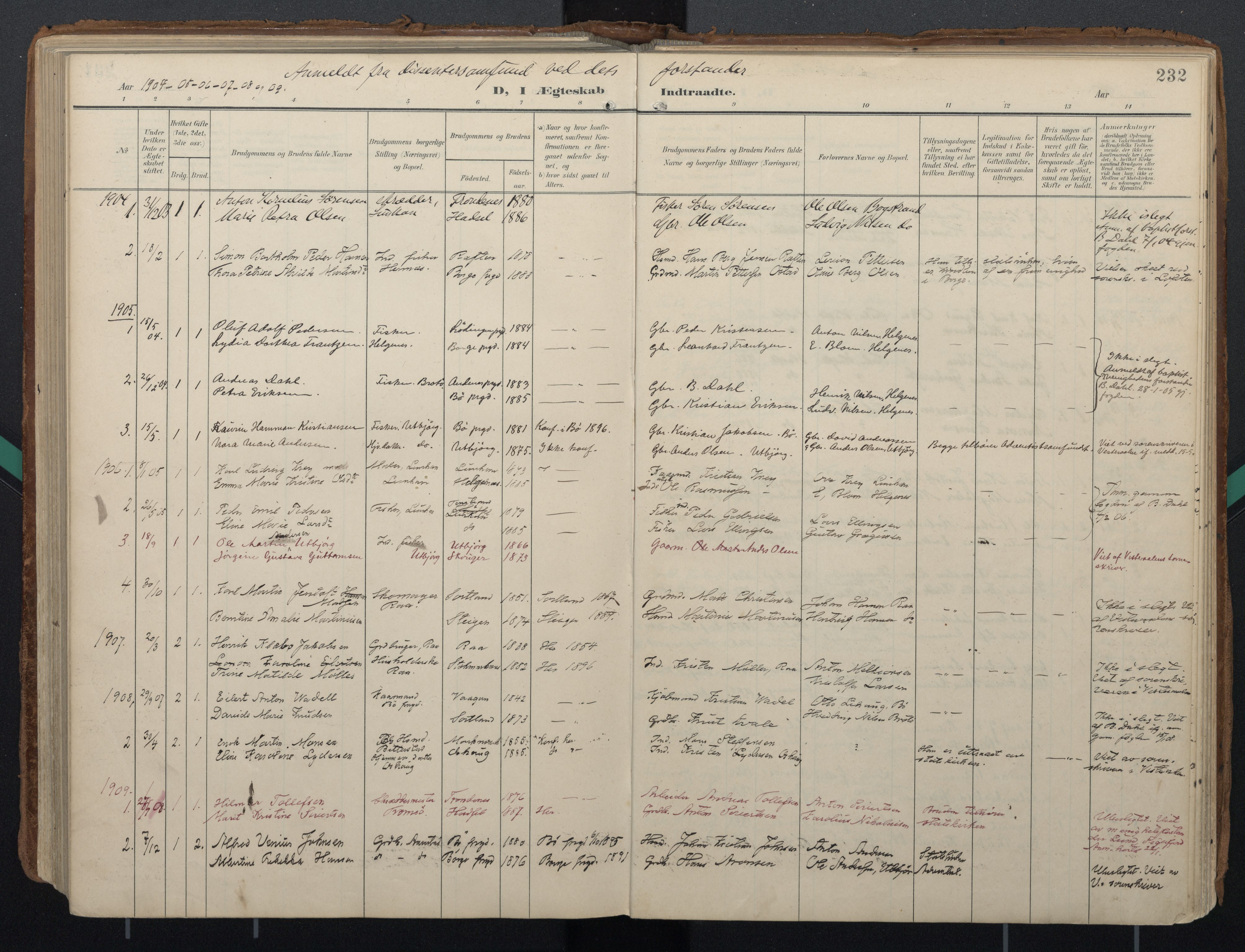 Ministerialprotokoller, klokkerbøker og fødselsregistre - Nordland, SAT/A-1459/888/L1248: Parish register (official) no. 888A14, 1904-1913, p. 232