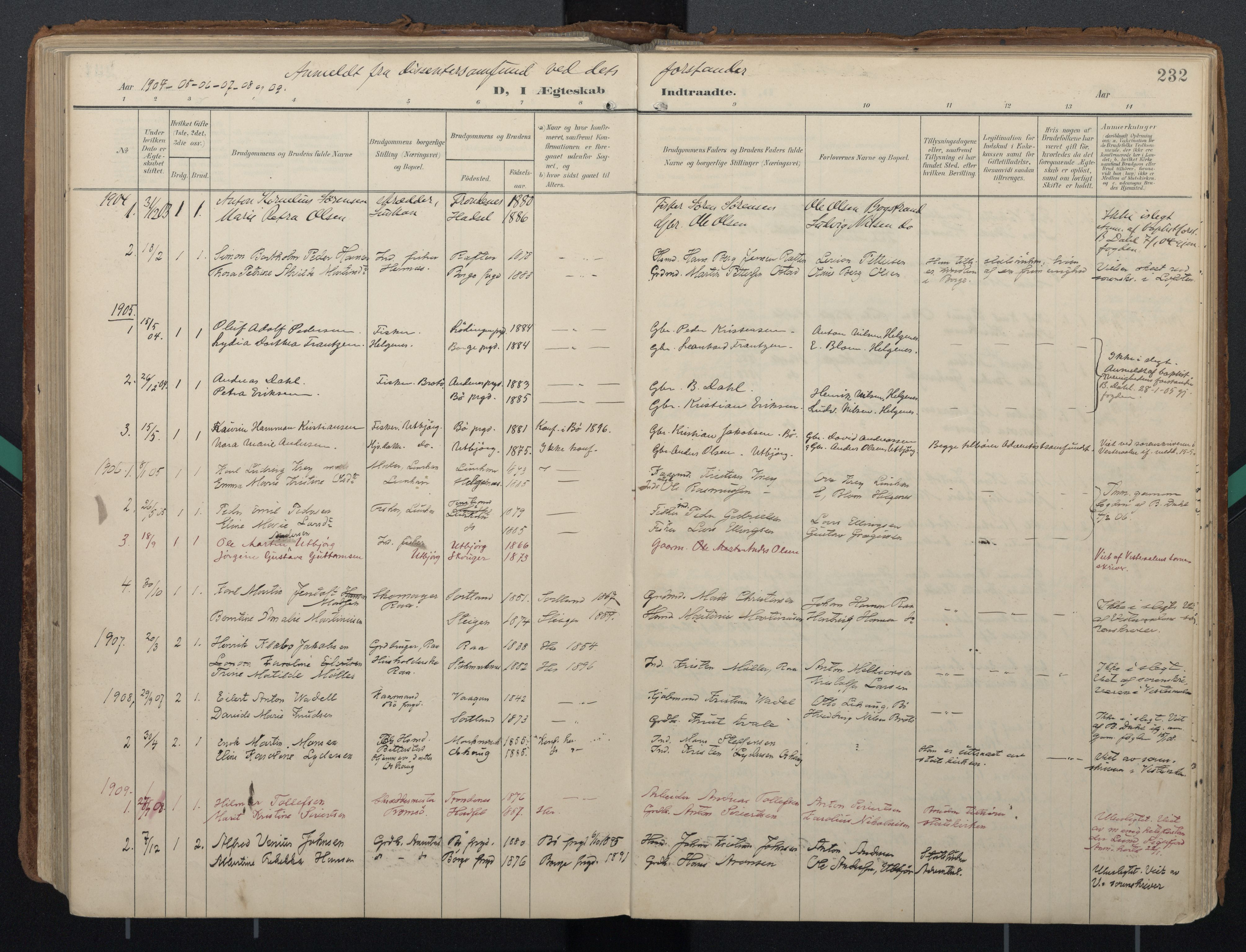 Ministerialprotokoller, klokkerbøker og fødselsregistre - Nordland, AV/SAT-A-1459/888/L1248: Parish register (official) no. 888A14, 1904-1913, p. 232