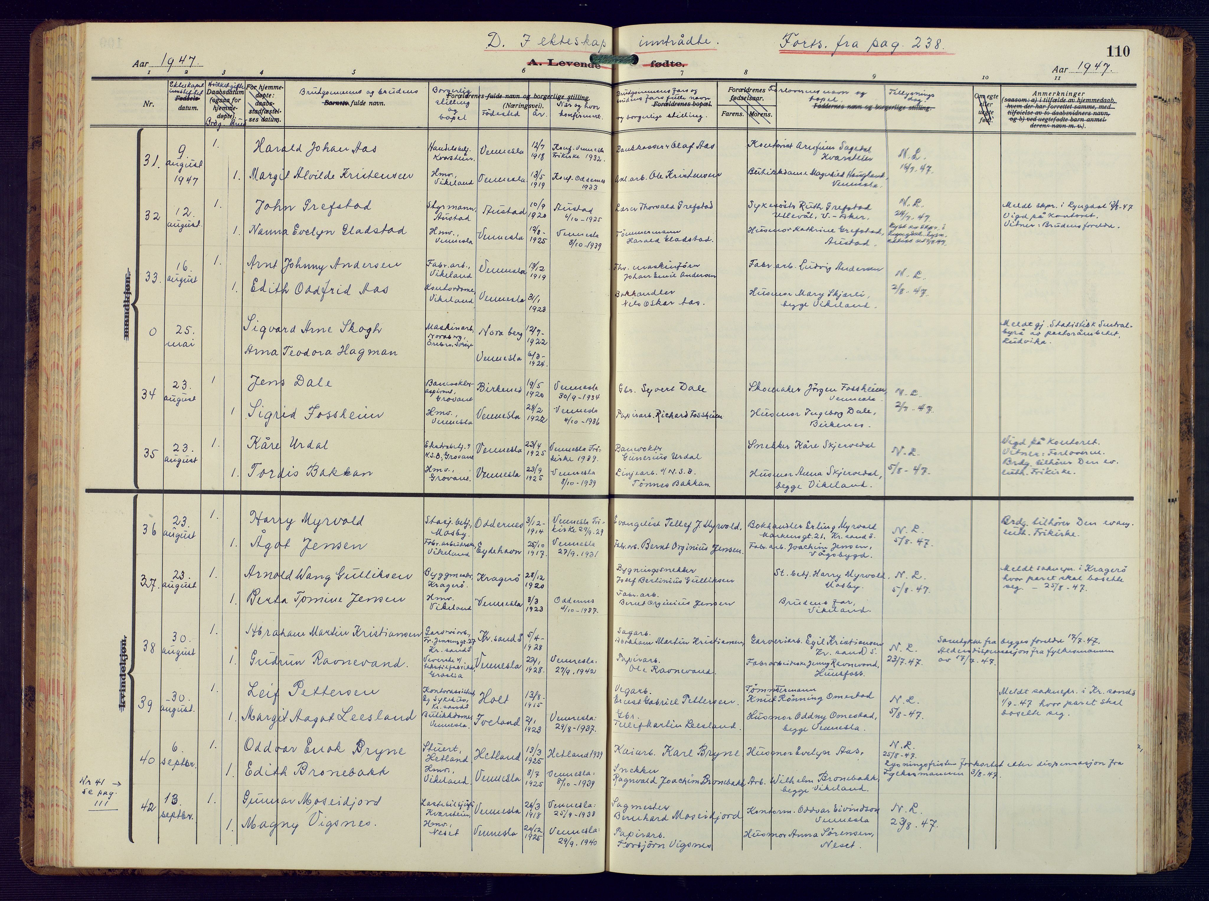 Vennesla sokneprestkontor, SAK/1111-0045/Fb/Fbb/L0008: Parish register (copy) no. B 8, 1934-1947, p. 110