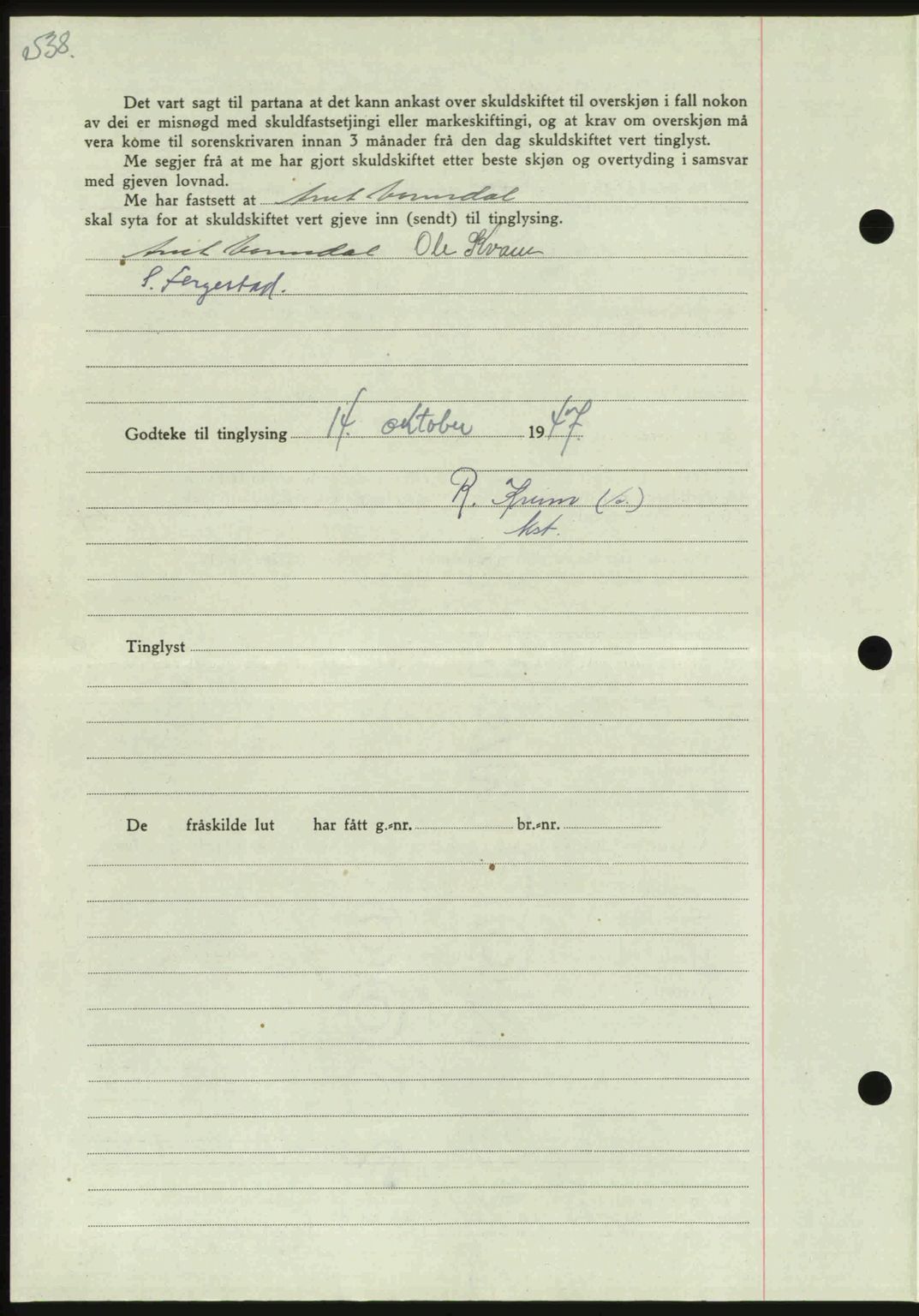Orkdal sorenskriveri, SAT/A-4169/1/2/2C: Mortgage book no. A, 1947-1947, Diary no: : 1302/1947