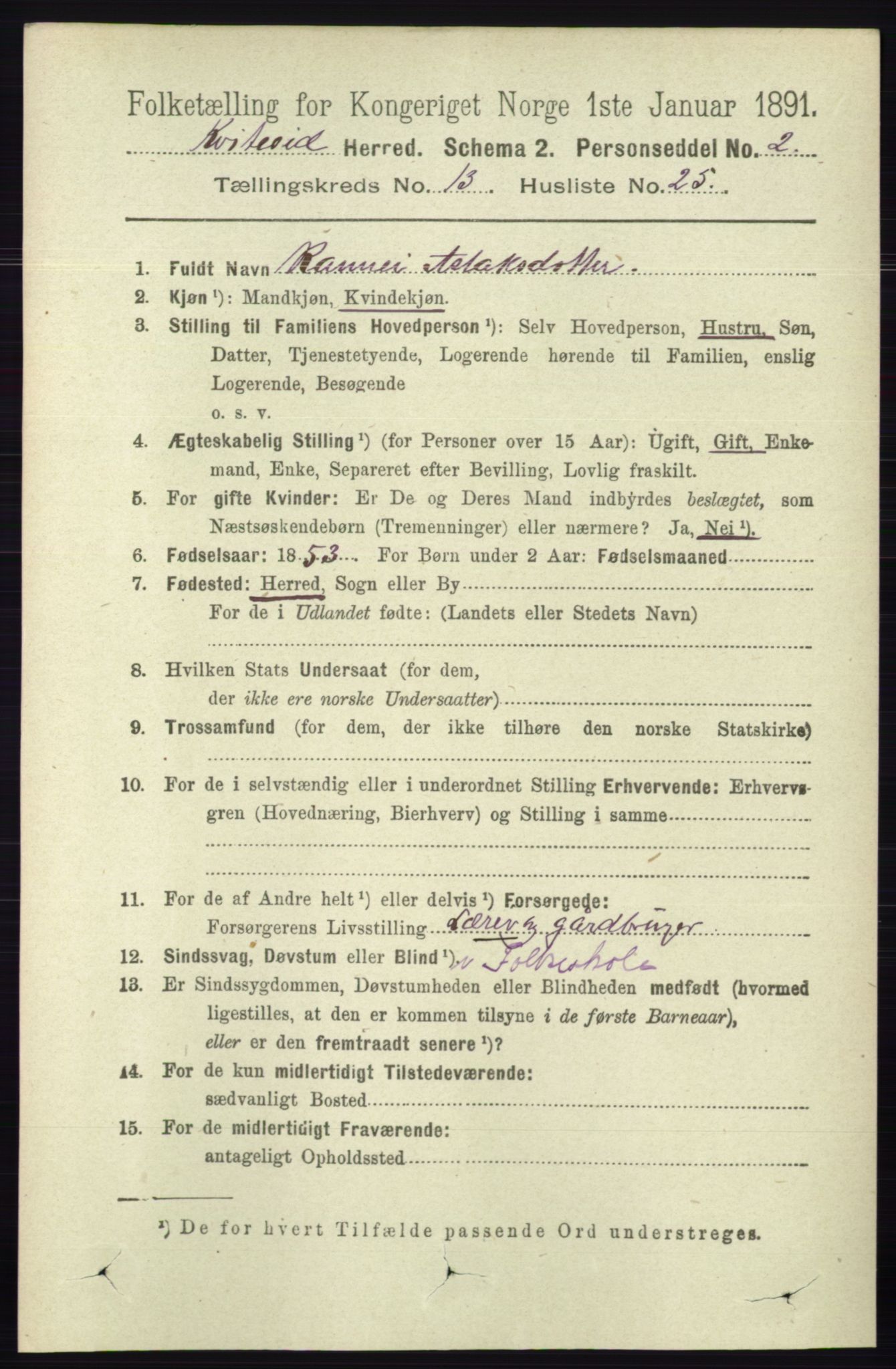 RA, 1891 census for 0829 Kviteseid, 1891, p. 3214