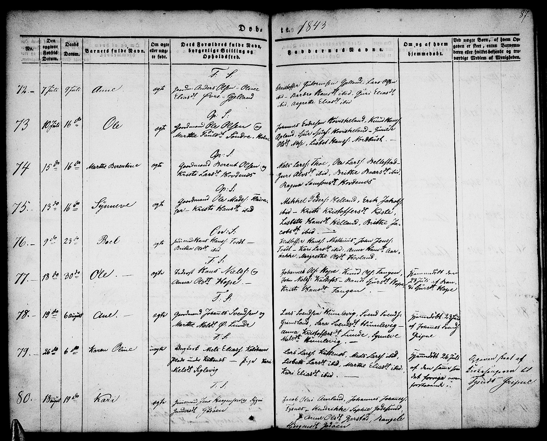 Tysnes sokneprestembete, AV/SAB-A-78601/H/Haa: Parish register (official) no. A 9, 1837-1848, p. 87