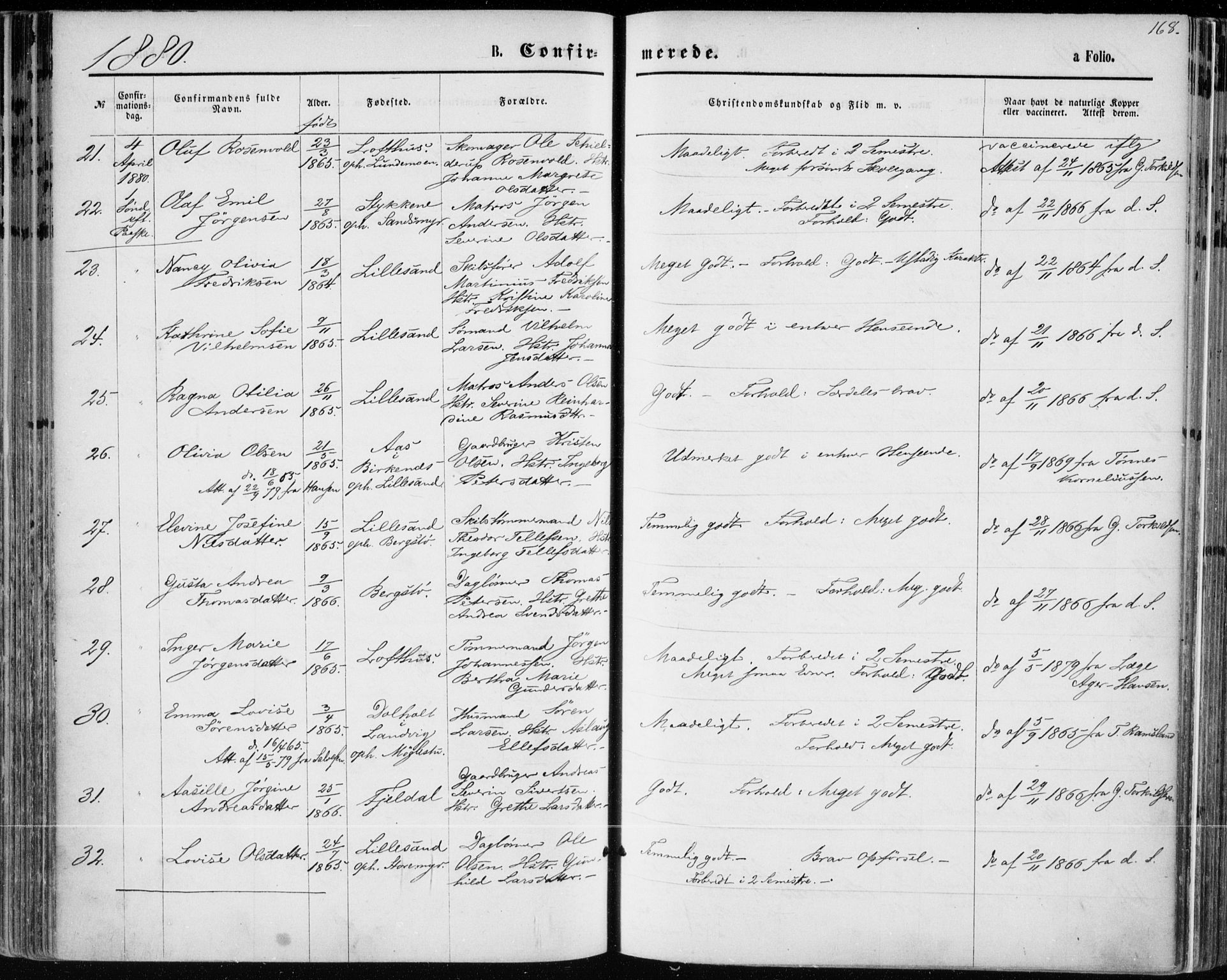 Vestre Moland sokneprestkontor, AV/SAK-1111-0046/F/Fa/Fab/L0008: Parish register (official) no. A 8, 1873-1883, p. 168