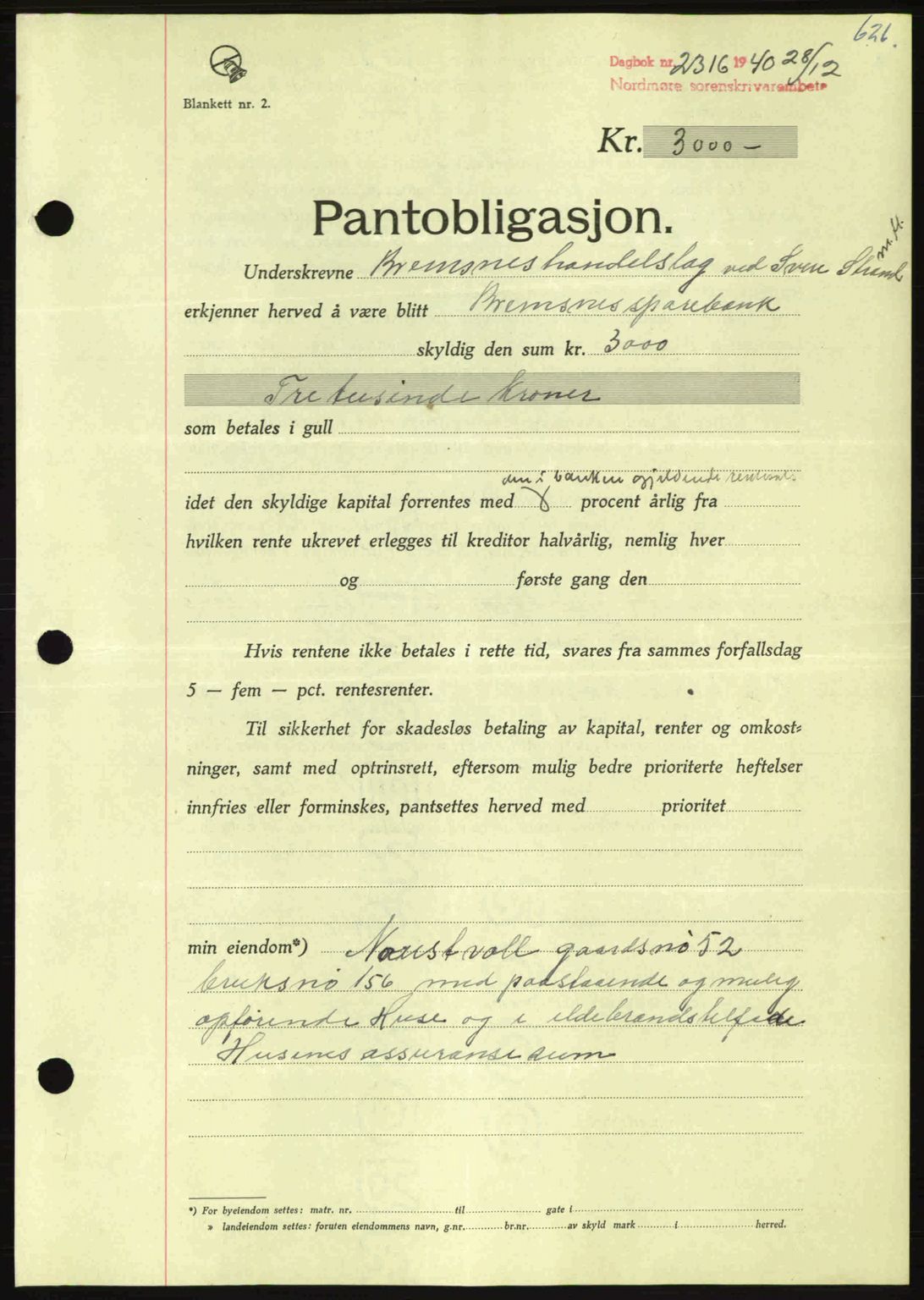 Nordmøre sorenskriveri, AV/SAT-A-4132/1/2/2Ca: Mortgage book no. B87, 1940-1941, Diary no: : 2316/1940