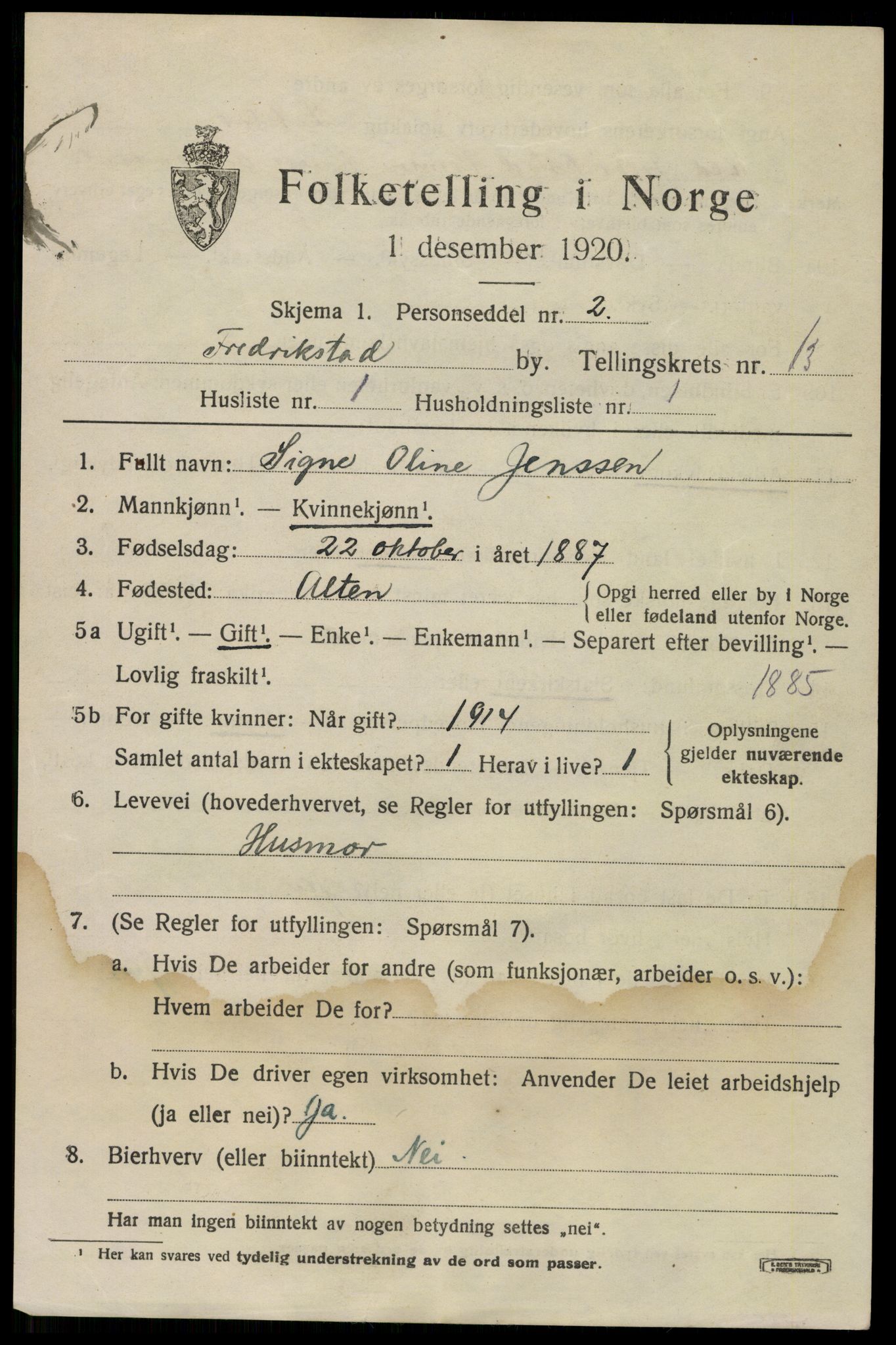 SAO, 1920 census for Fredrikstad, 1920, p. 32091