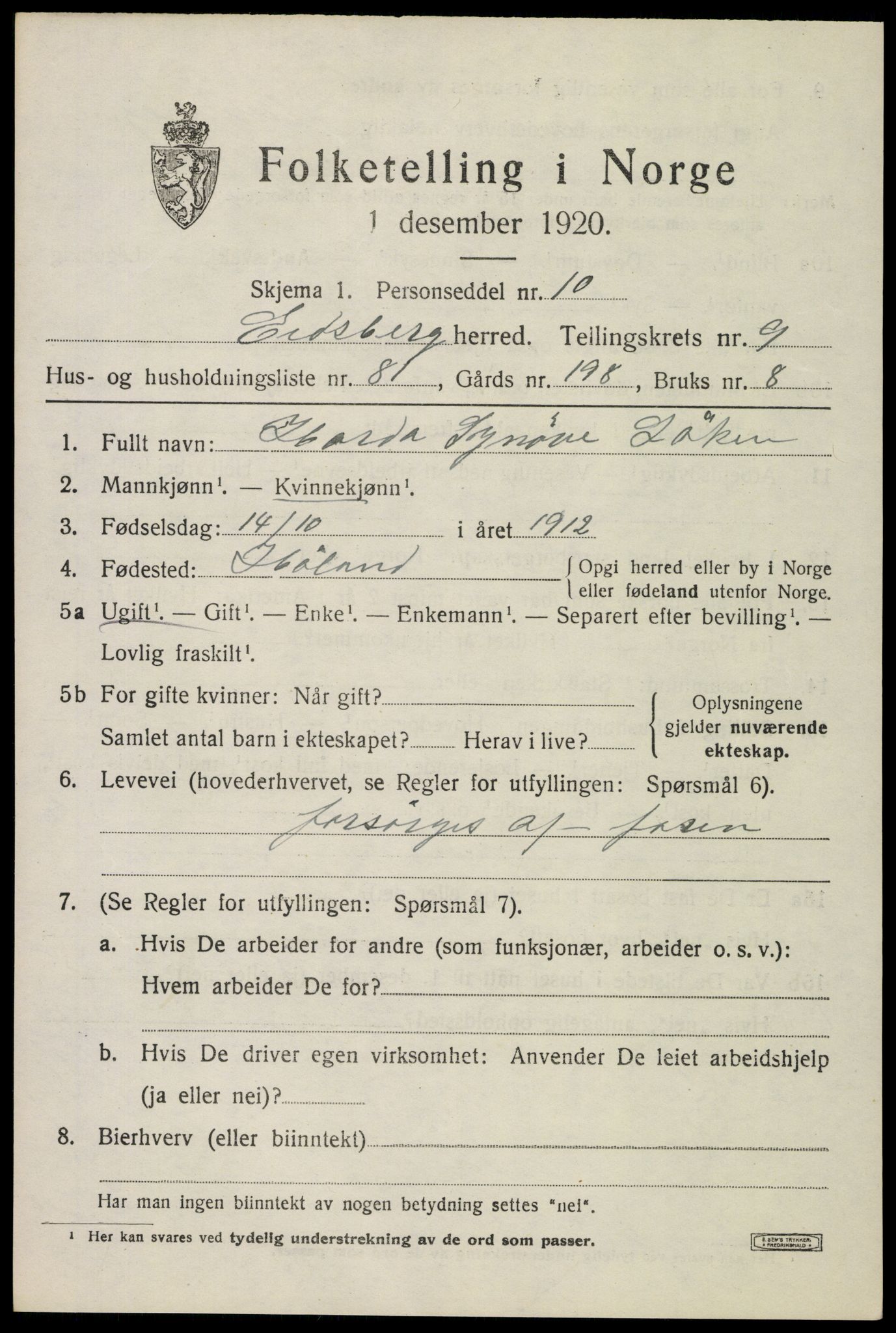 SAO, 1920 census for Eidsberg, 1920, p. 11331