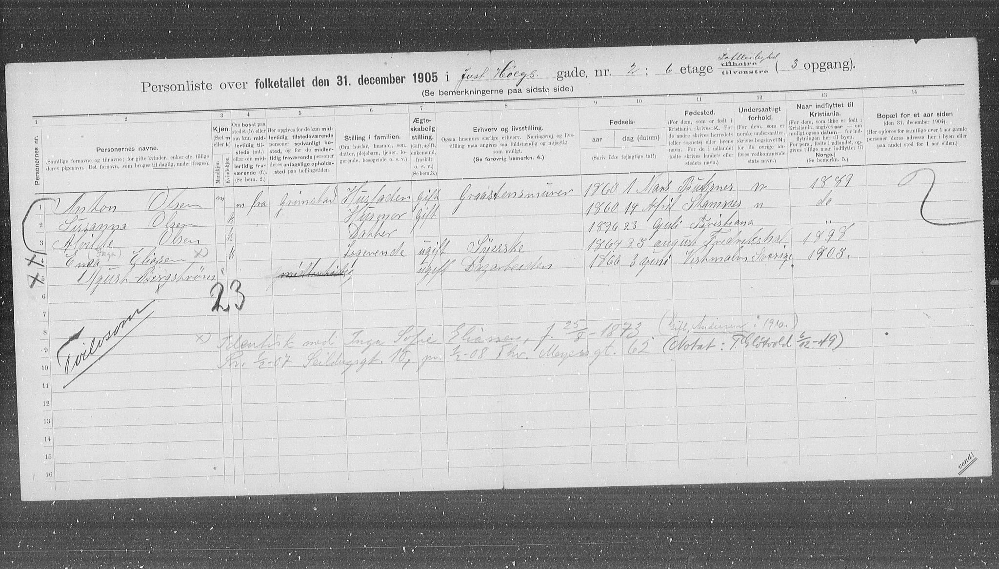 OBA, Municipal Census 1905 for Kristiania, 1905, p. 25023