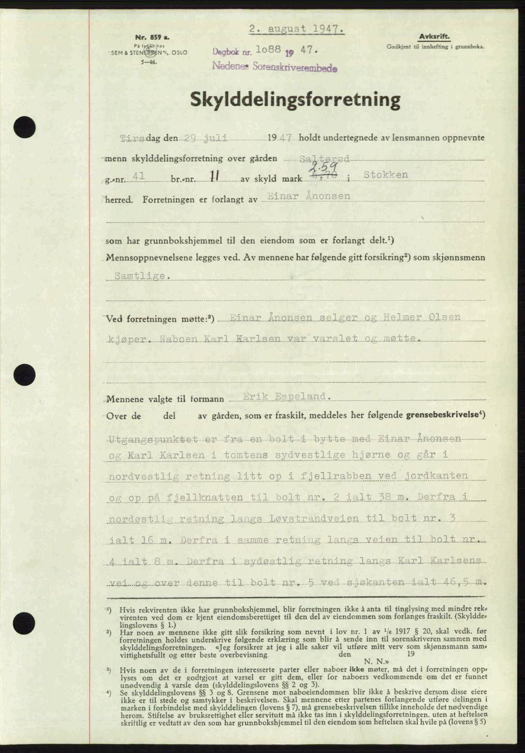 Nedenes sorenskriveri, AV/SAK-1221-0006/G/Gb/Gba/L0057: Mortgage book no. A9, 1947-1947, Diary no: : 1088/1947