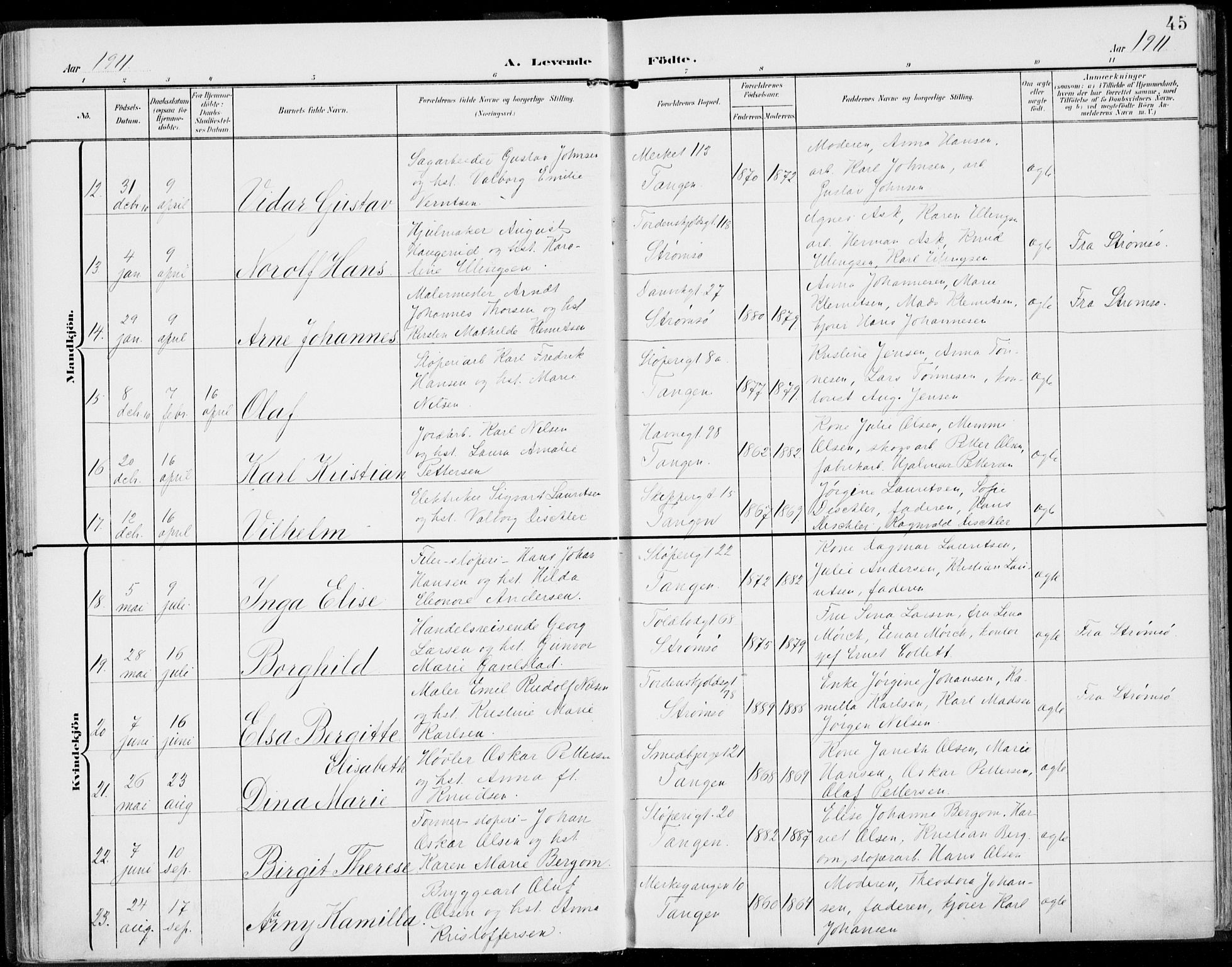 Strømsø kirkebøker, AV/SAKO-A-246/F/Fb/L0008: Parish register (official) no. II 8, 1902-1933, p. 45