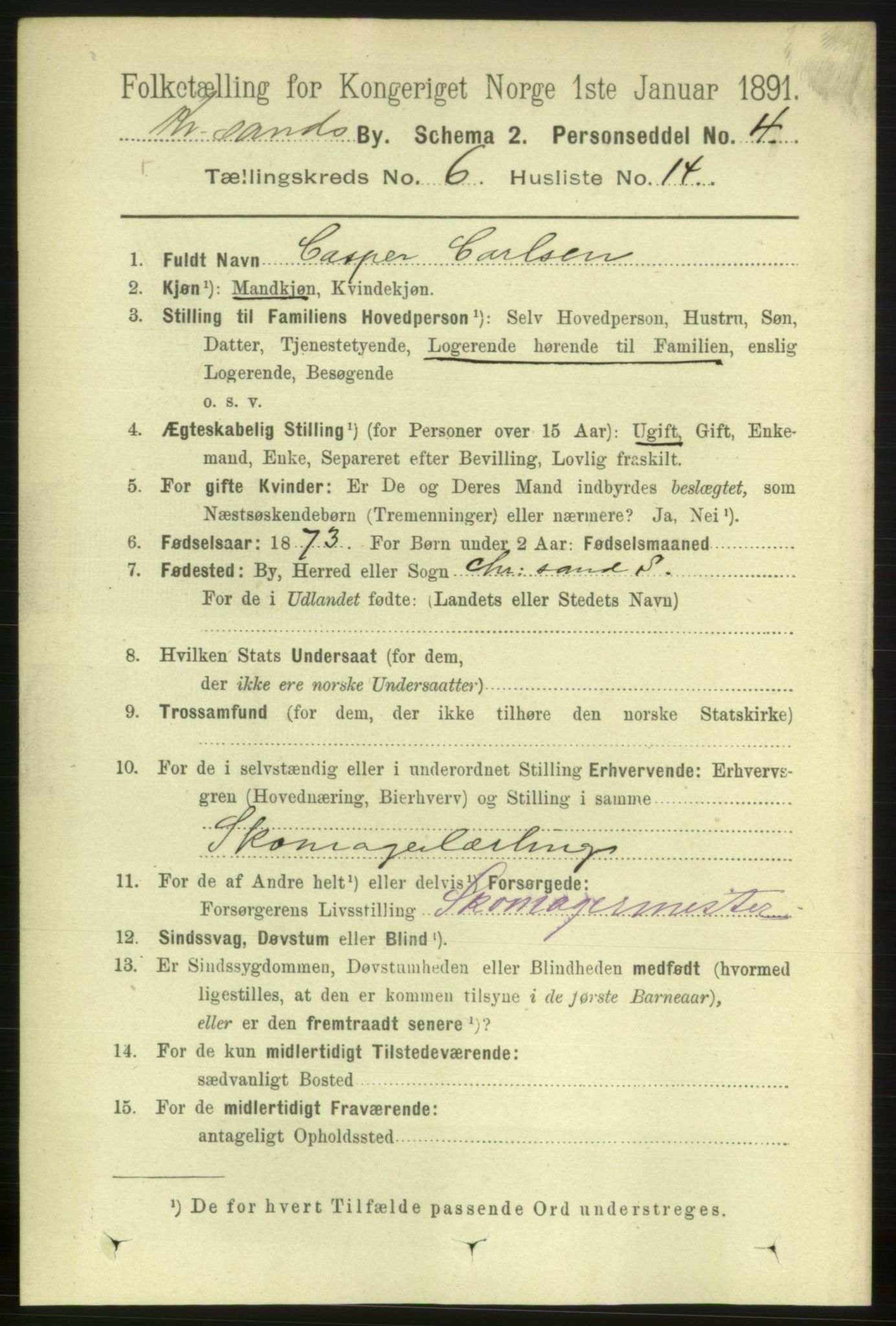 RA, 1891 census for 1001 Kristiansand, 1891, p. 4609