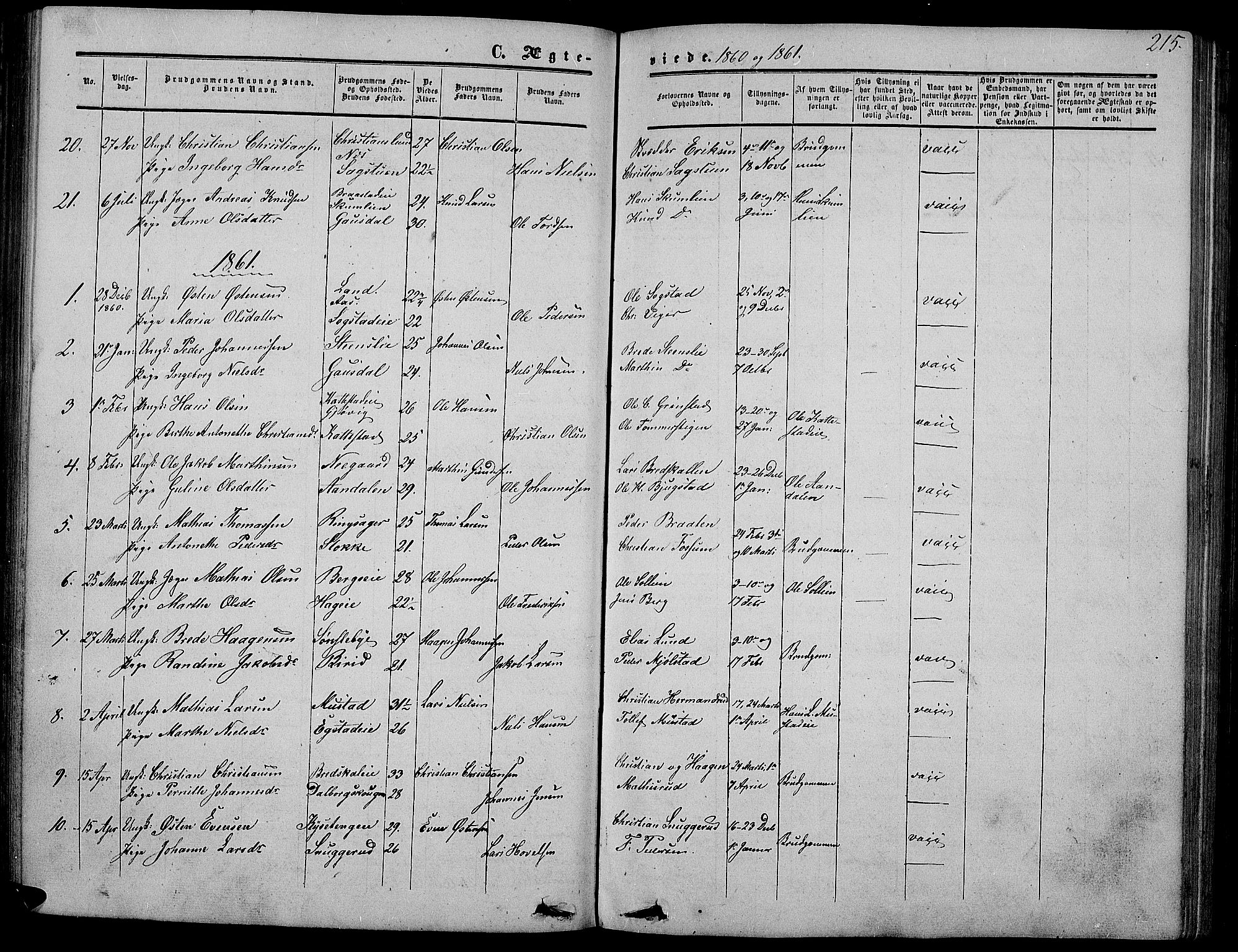 Vardal prestekontor, SAH/PREST-100/H/Ha/Hab/L0005: Parish register (copy) no. 5, 1854-1868, p. 215