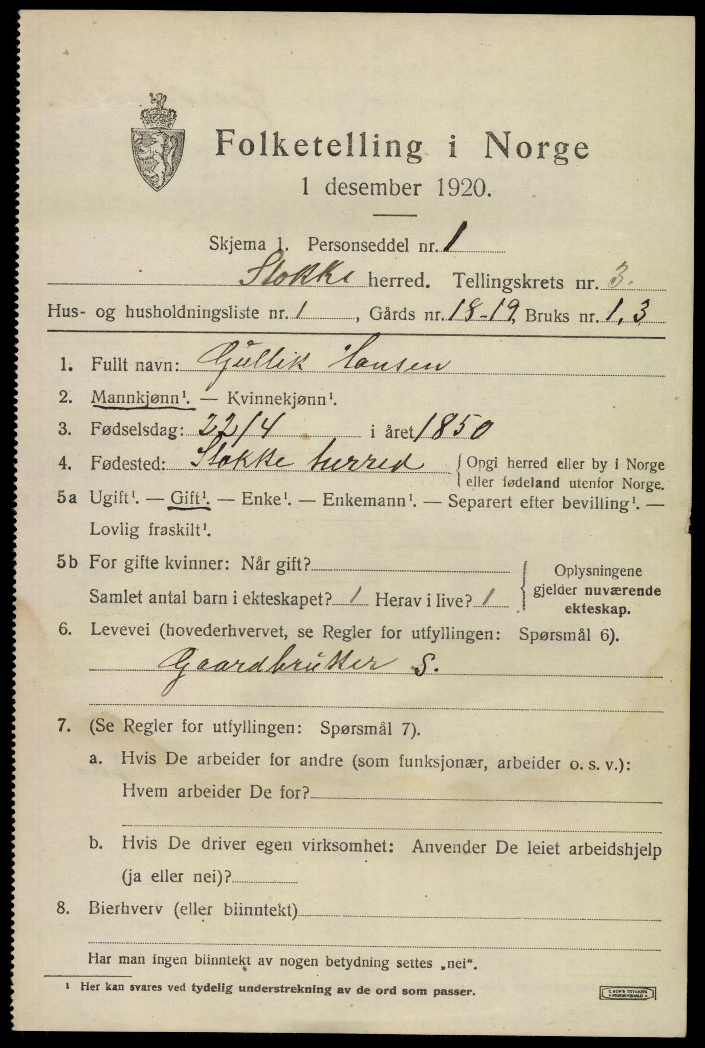 SAKO, 1920 census for Stokke, 1920, p. 4072