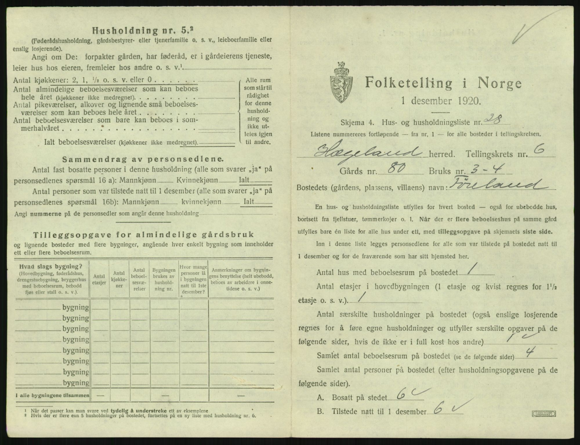 SAK, 1920 census for Hægeland, 1920, p. 393