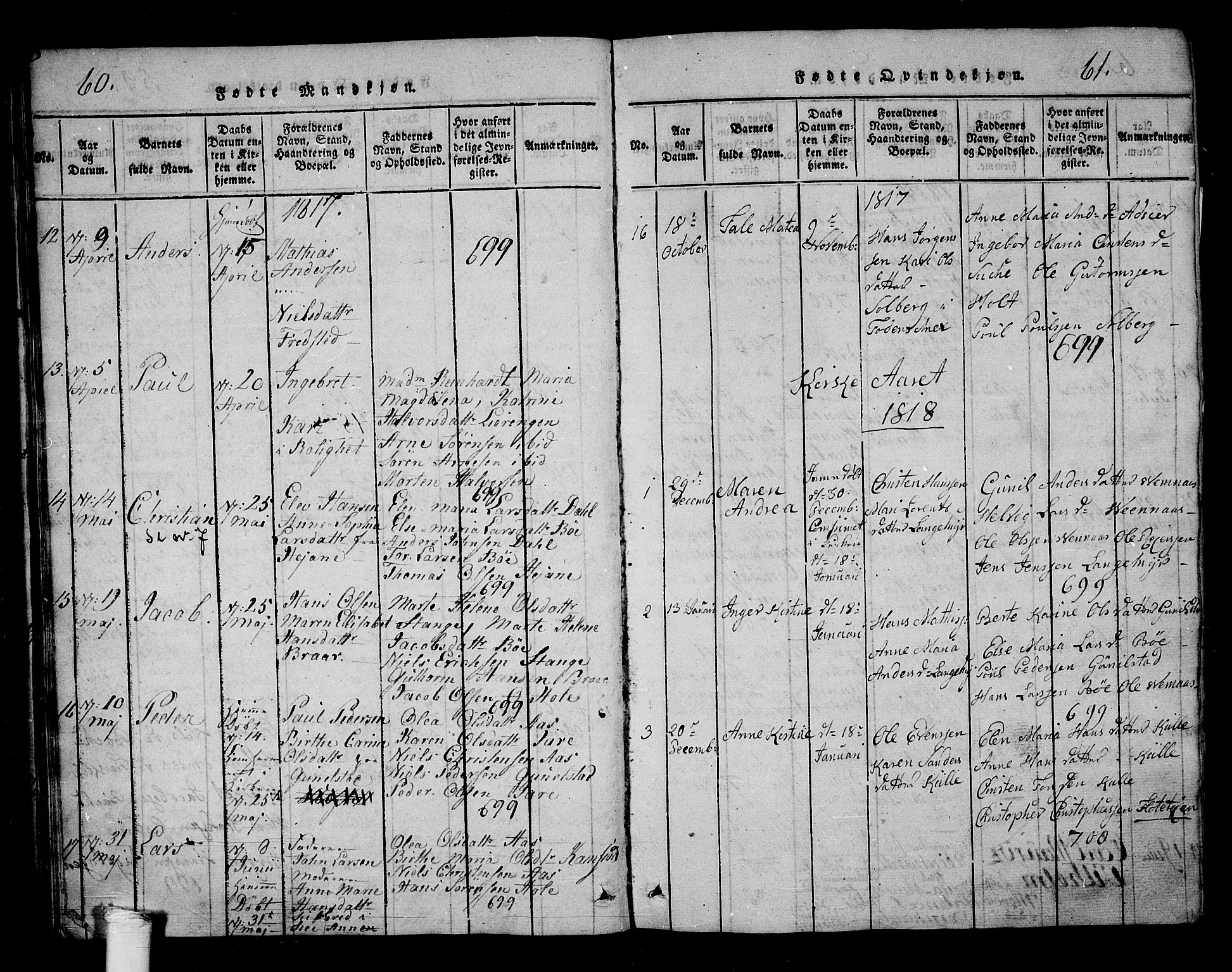 Ramnes kirkebøker, AV/SAKO-A-314/G/Ga/L0001: Parish register (copy) no. I 1, 1813-1847, p. 60-61