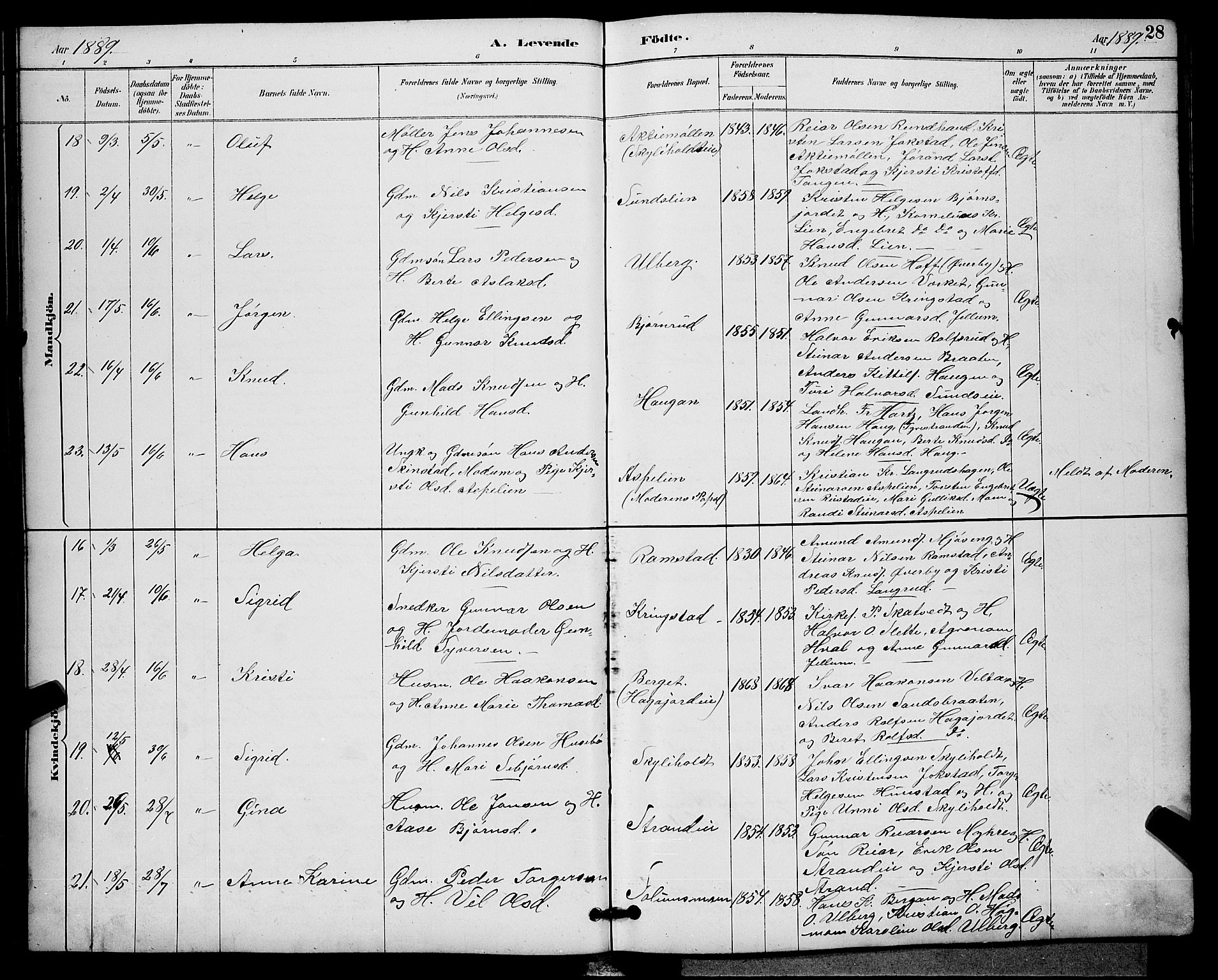 Sigdal kirkebøker, AV/SAKO-A-245/G/Ga/L0005: Parish register (copy) no. I 5, 1886-1900, p. 28