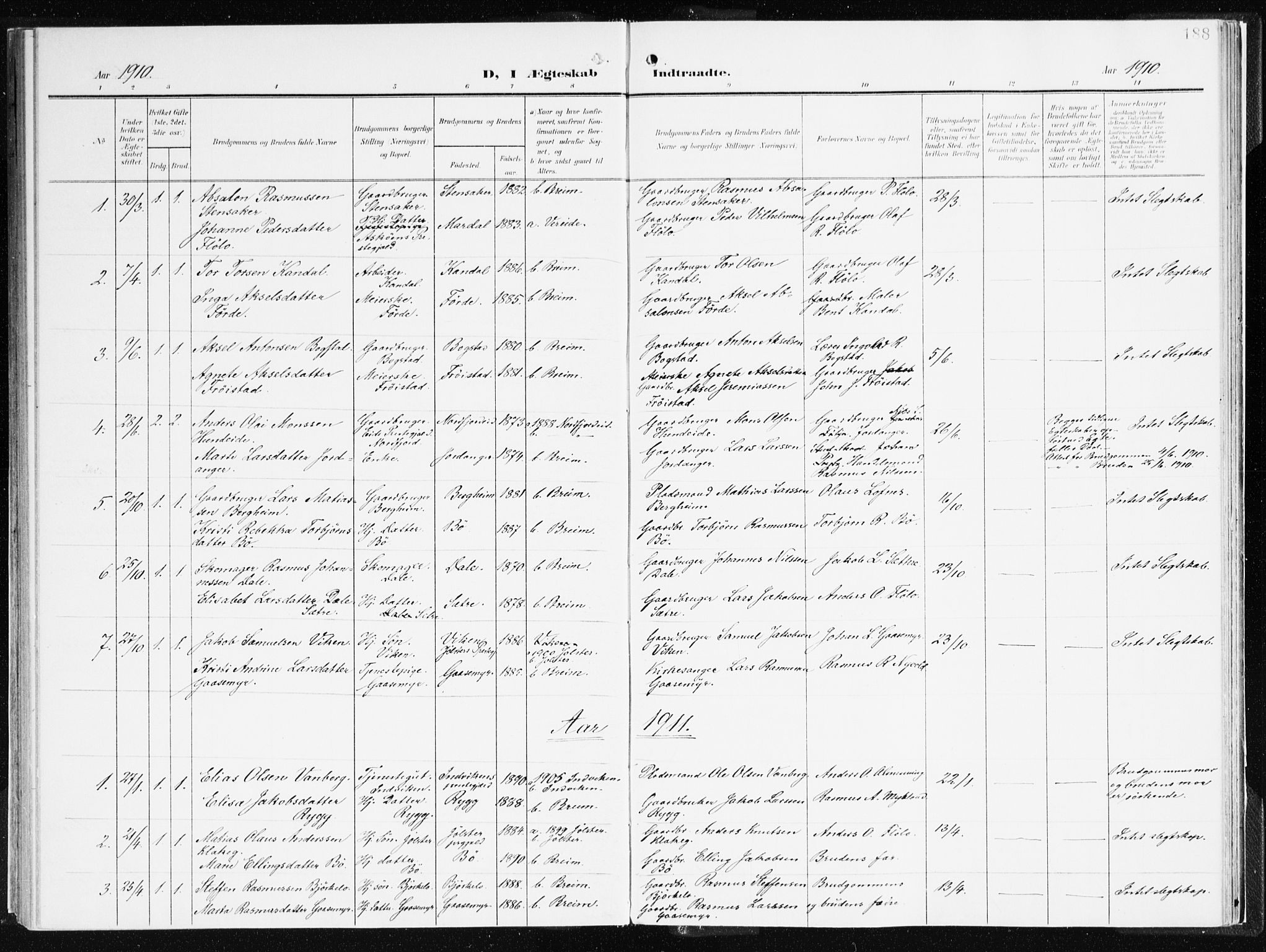 Gloppen sokneprestembete, SAB/A-80101/H/Haa/Haac/L0003: Parish register (official) no. C 3, 1904-1921, p. 188