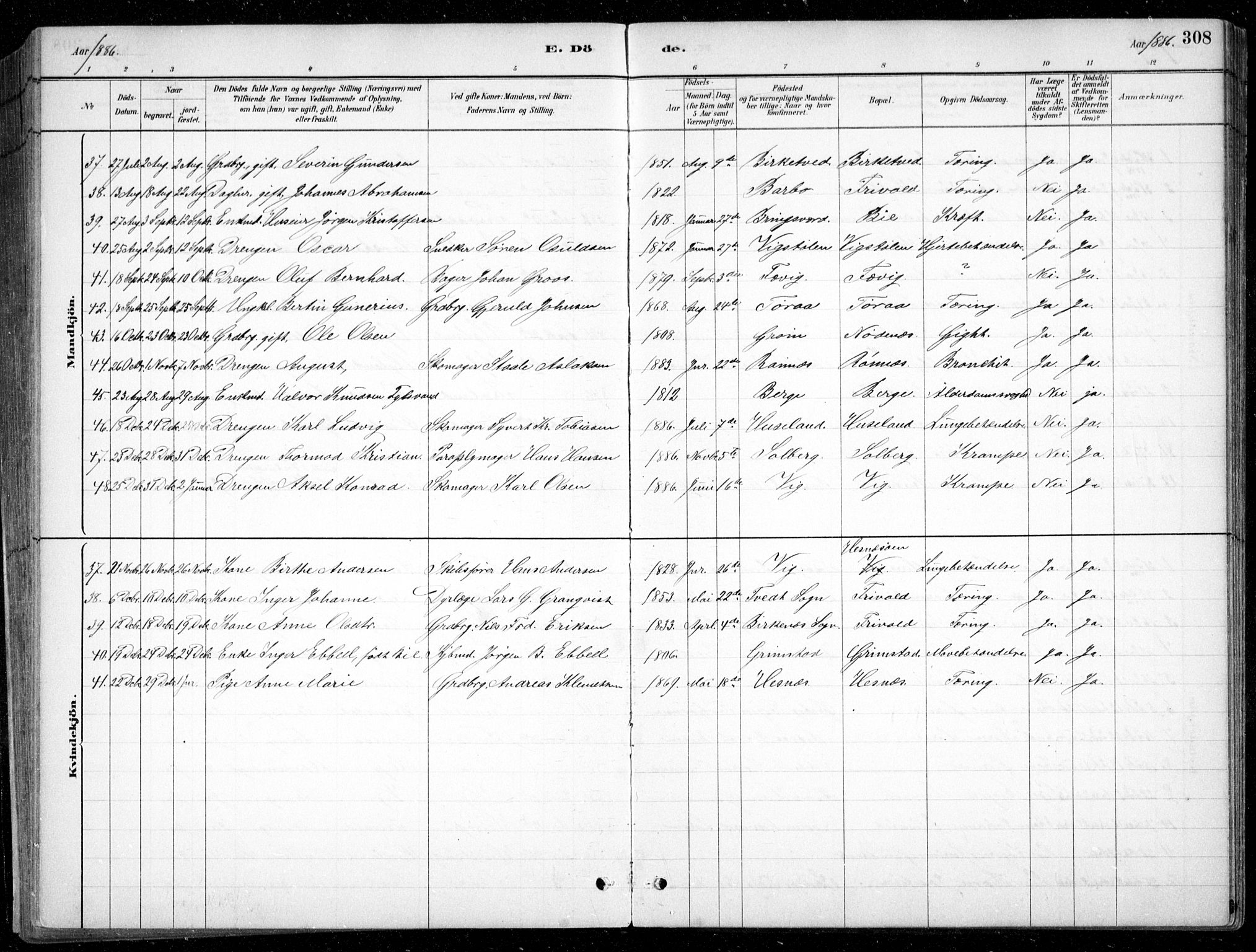 Fjære sokneprestkontor, AV/SAK-1111-0011/F/Fb/L0011: Parish register (copy) no. B 11, 1881-1905, p. 308