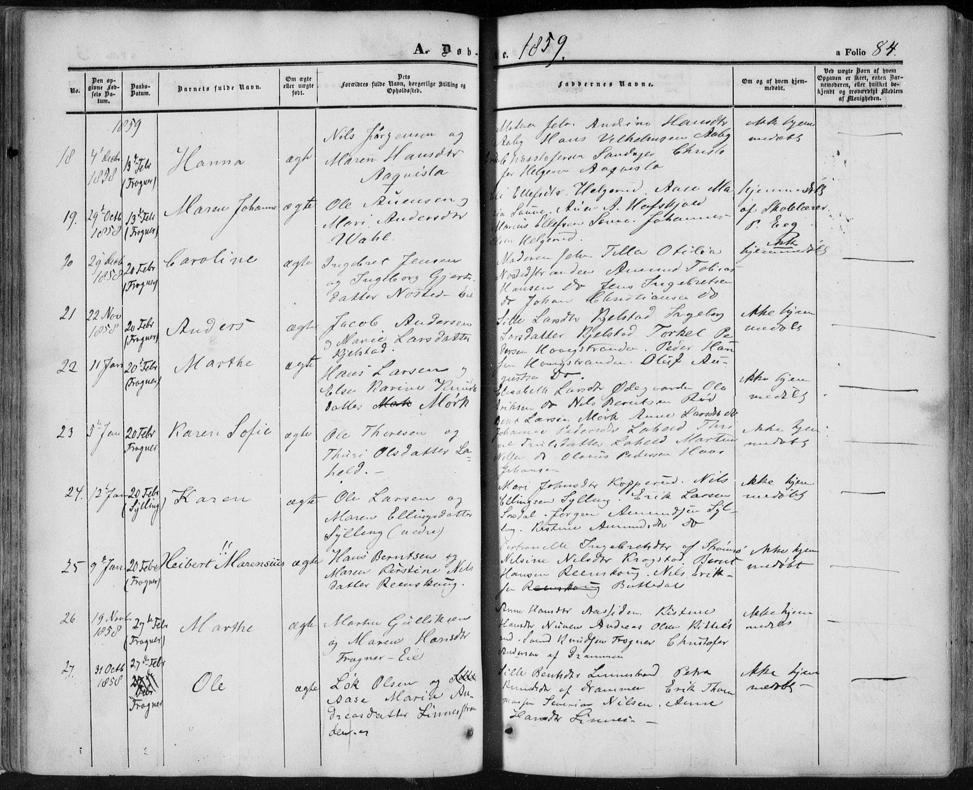 Lier kirkebøker, AV/SAKO-A-230/F/Fa/L0012: Parish register (official) no. I 12, 1854-1864, p. 84