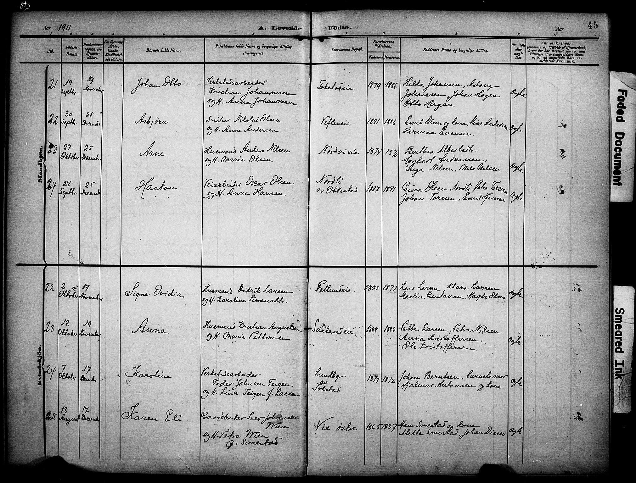 Stange prestekontor, AV/SAH-PREST-002/K/L0022: Parish register (official) no. 22, 1903-1914, p. 45