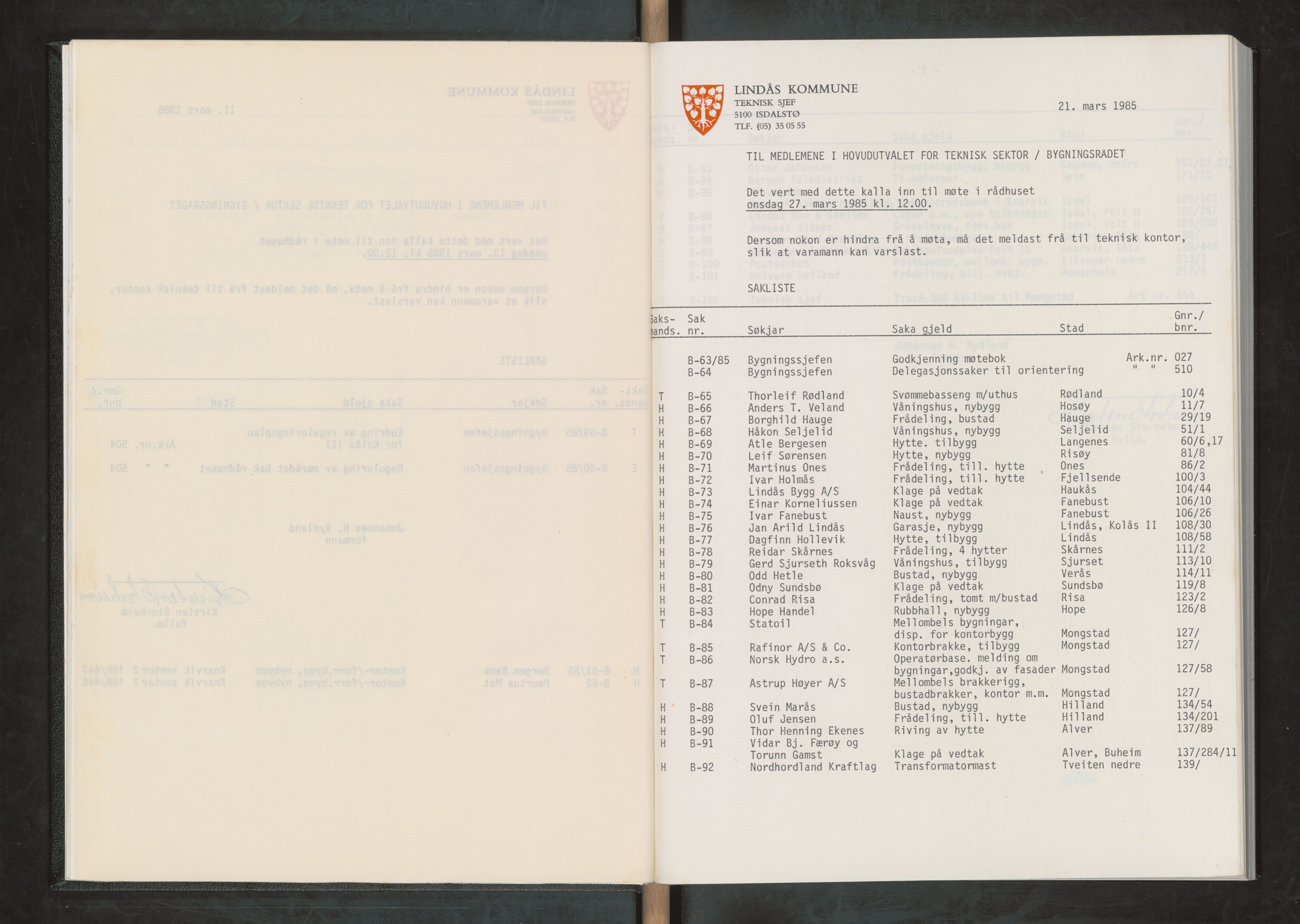 Lindås kommune. Bygningsrådet, IKAH/1263-511/A/Aa/L0054: Møtebok for Lindås bygningsråd, 1985