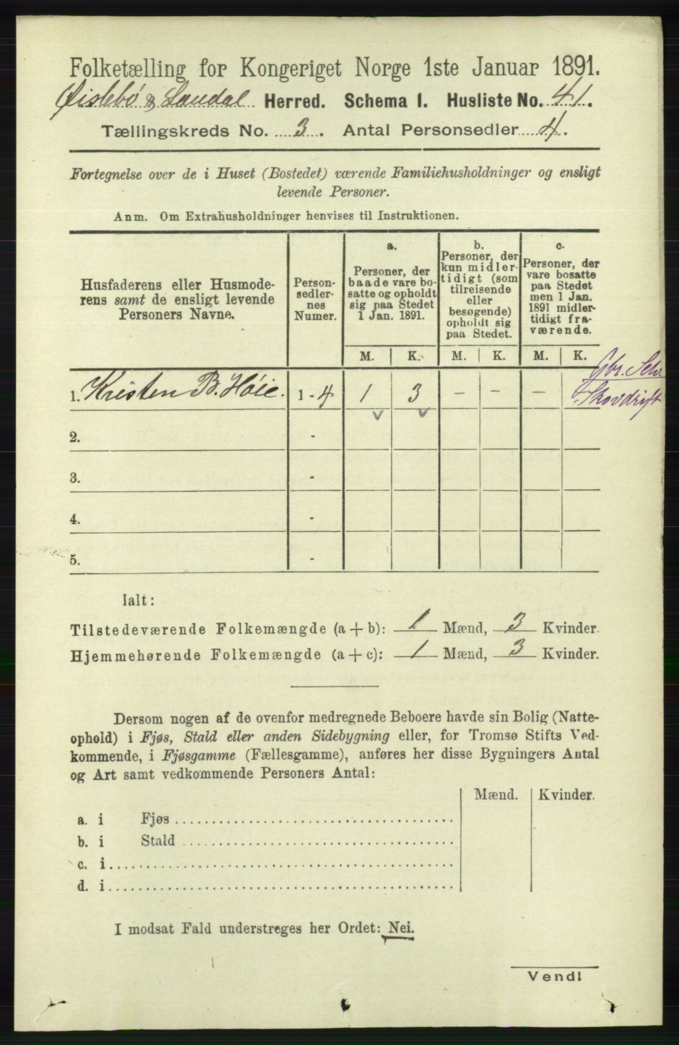 RA, 1891 census for 1021 Øyslebø og Laudal, 1891, p. 738