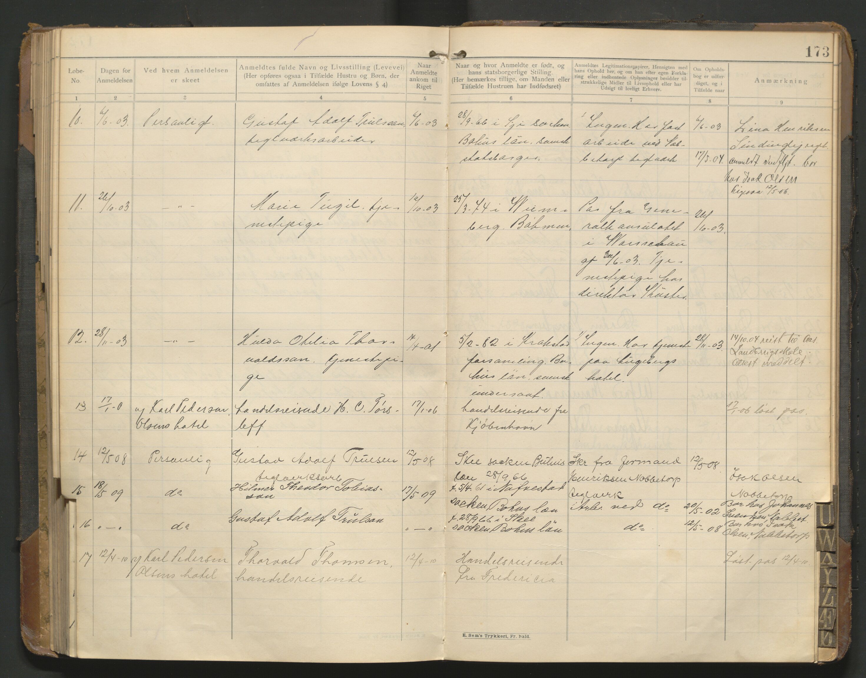 Fredrikstad politikammer, AV/SAO-A-10055/H/Hb/Hba/L0001: Protokoll over fremmede statsborgere, 1901-1916, p. 172b-173a