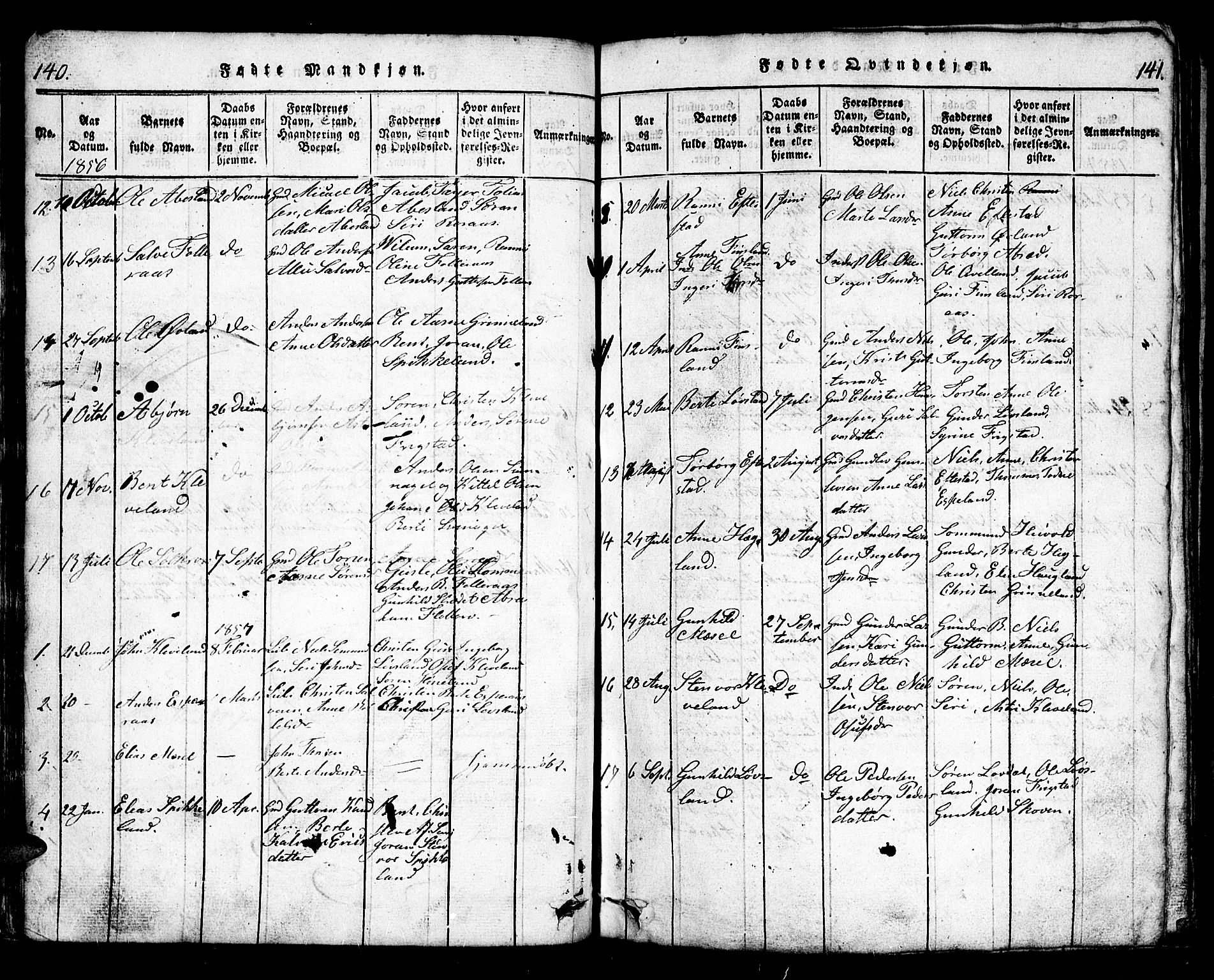 Bjelland sokneprestkontor, AV/SAK-1111-0005/F/Fb/Fbb/L0003: Parish register (copy) no. B 3, 1816-1868, p. 140-141