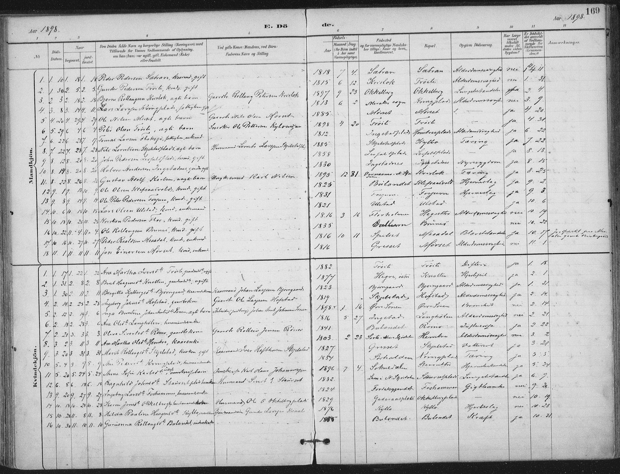 Ministerialprotokoller, klokkerbøker og fødselsregistre - Nord-Trøndelag, SAT/A-1458/703/L0031: Parish register (official) no. 703A04, 1893-1914, p. 169