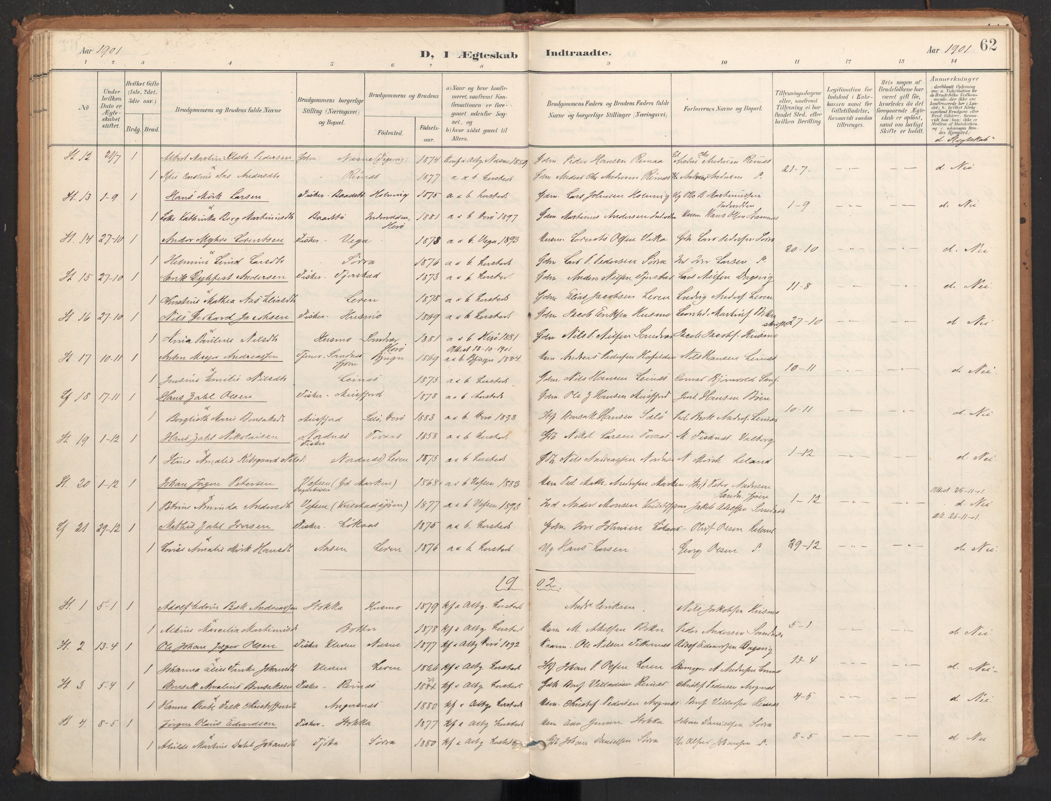 Ministerialprotokoller, klokkerbøker og fødselsregistre - Nordland, AV/SAT-A-1459/831/L0472: Parish register (official) no. 831A03, 1897-1912, p. 62