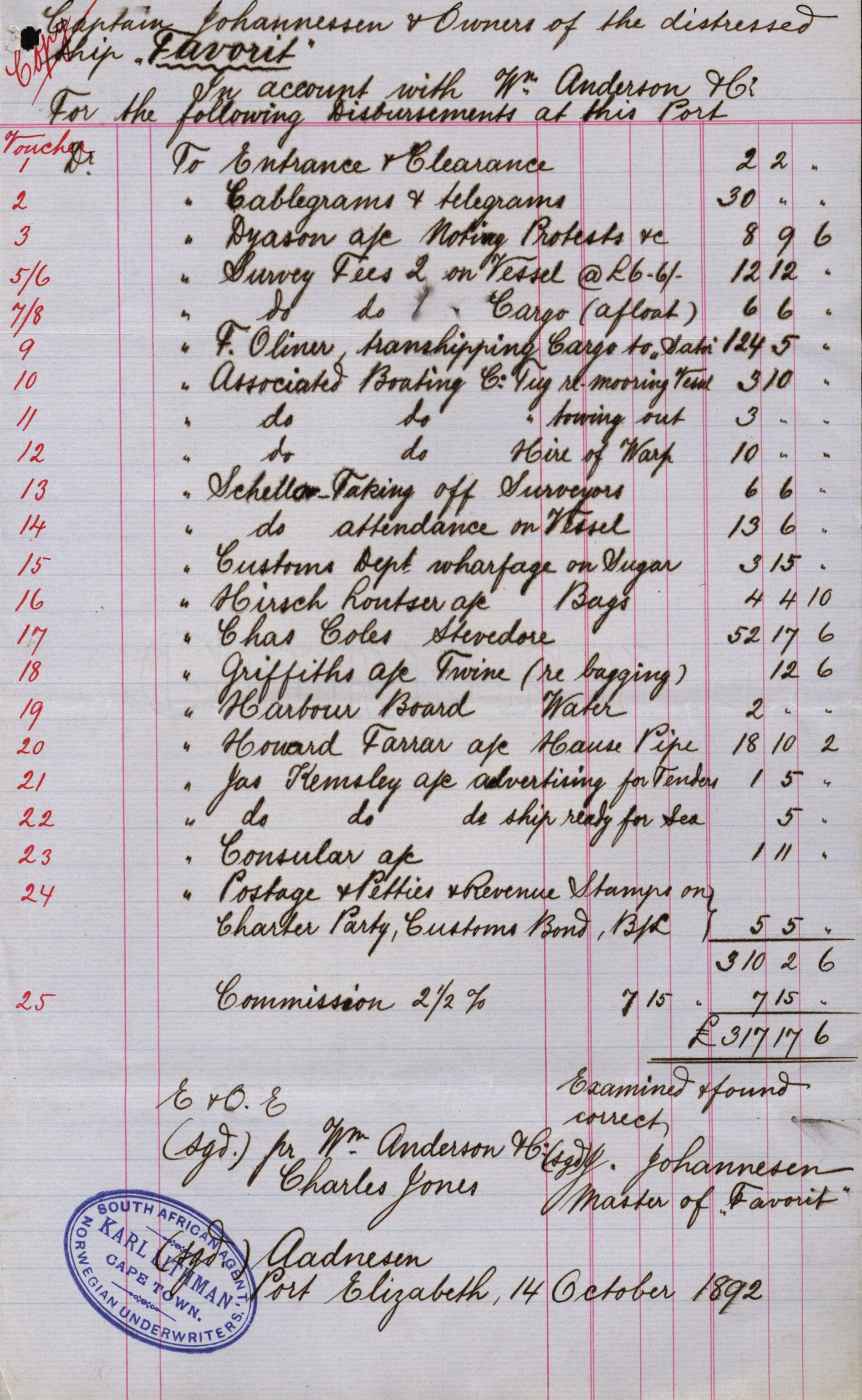 Pa 63 - Østlandske skibsassuranceforening, VEMU/A-1079/G/Ga/L0028/0002: Havaridokumenter / Marie, Favorit, Tabor, Sylphiden, Berthel, America, 1892, p. 11