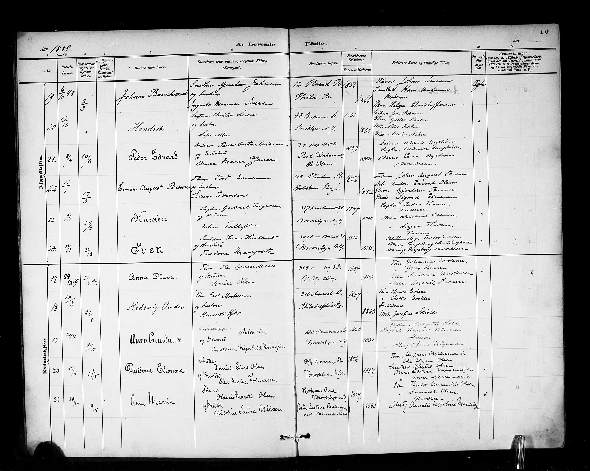 Den norske sjømannsmisjon i utlandet/New York, AV/SAB-SAB/PA-0110/H/Ha/L0003: Parish register (official) no. A 3, 1888-1893, p. 10