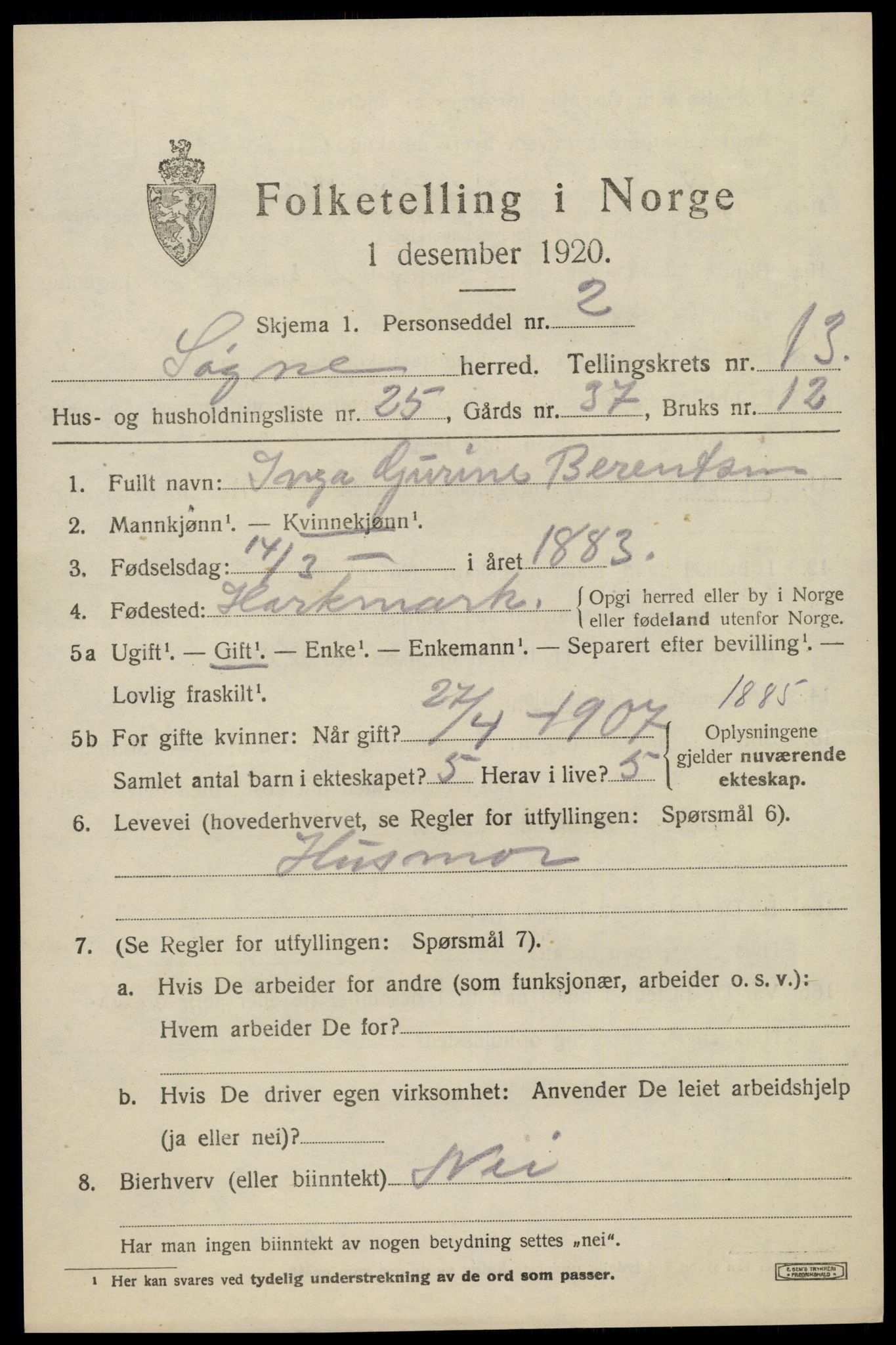 SAK, 1920 census for Søgne, 1920, p. 6671