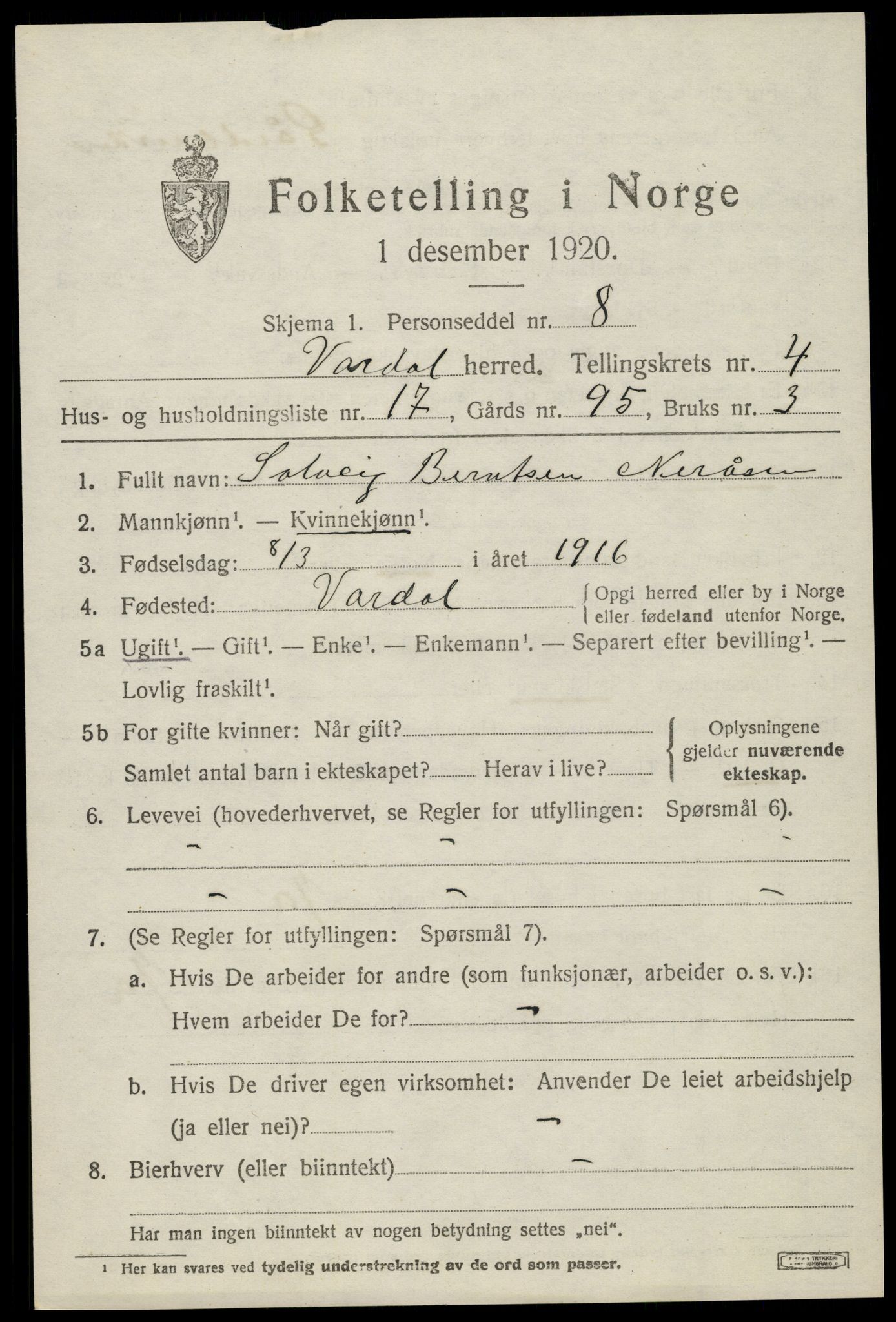 SAH, 1920 census for Vardal, 1920, p. 3035