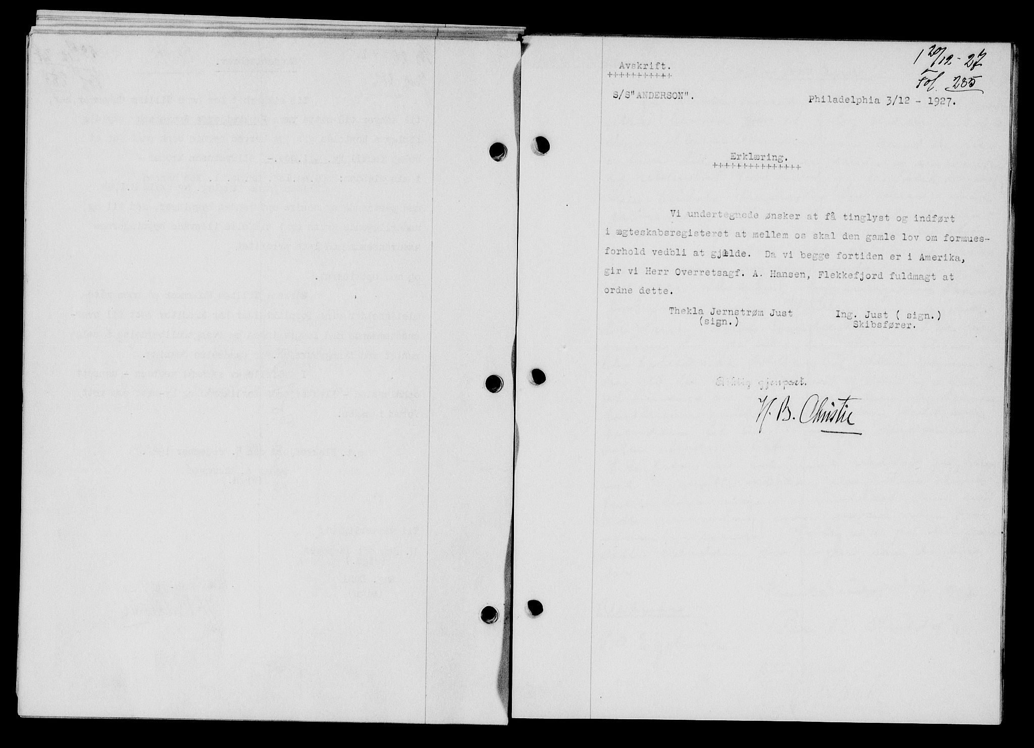 Flekkefjord sorenskriveri, AV/SAK-1221-0001/G/Gb/Gba/L0043: Mortgage book no. 41, 1926-1927, Deed date: 20.12.1927