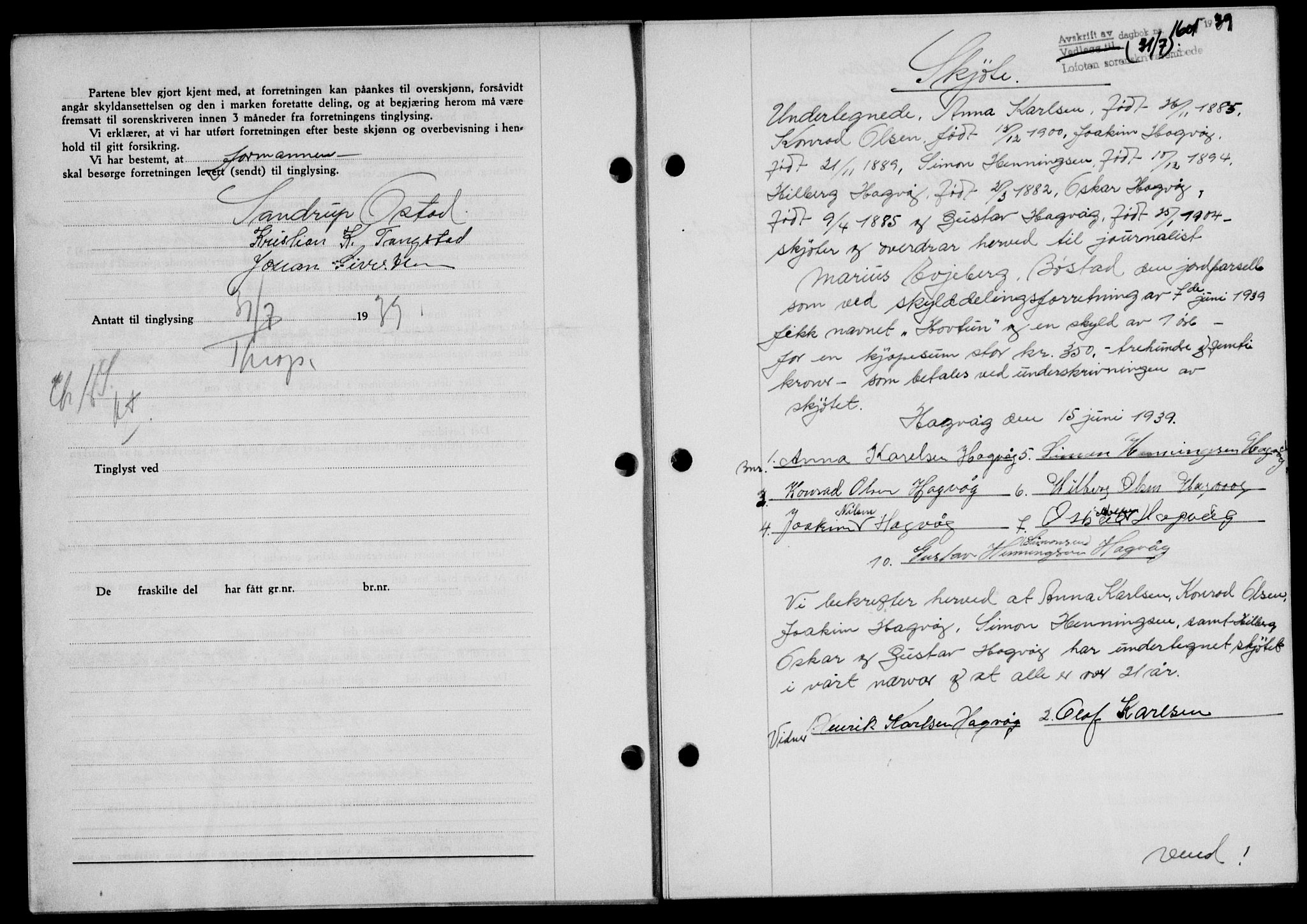 Lofoten sorenskriveri, SAT/A-0017/1/2/2C/L0006a: Mortgage book no. 6a, 1939-1939, Diary no: : 1601/1939