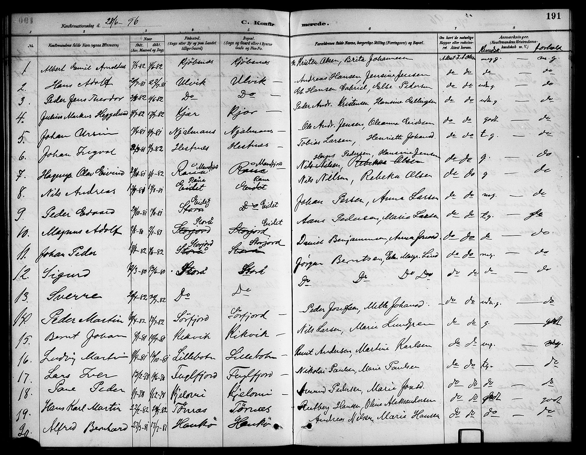 Ministerialprotokoller, klokkerbøker og fødselsregistre - Nordland, AV/SAT-A-1459/861/L0876: Parish register (copy) no. 861C02, 1887-1903, p. 191