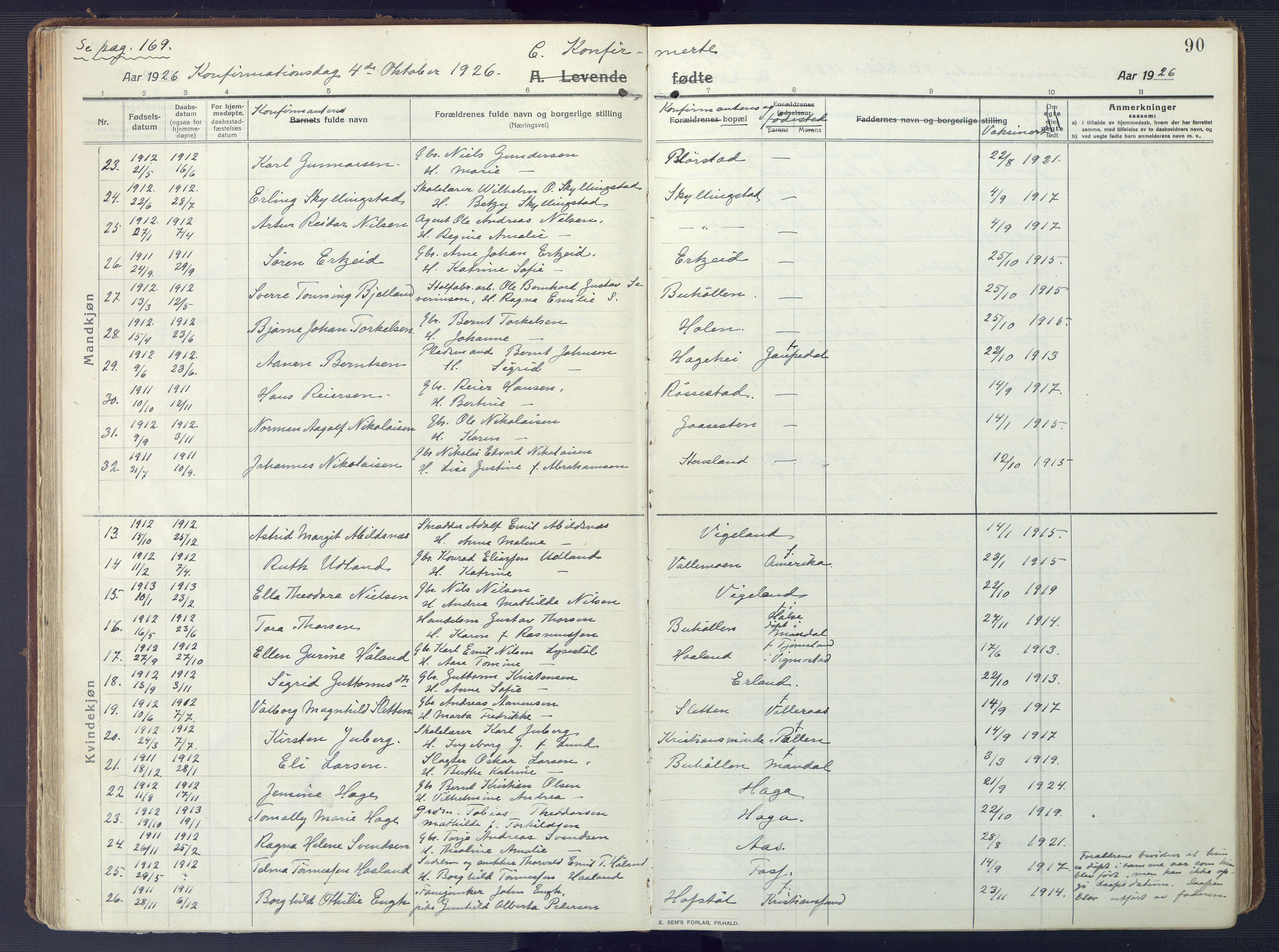 Sør-Audnedal sokneprestkontor, SAK/1111-0039/F/Fa/Fab/L0011: Parish register (official) no. A 11, 1912-1938, p. 90