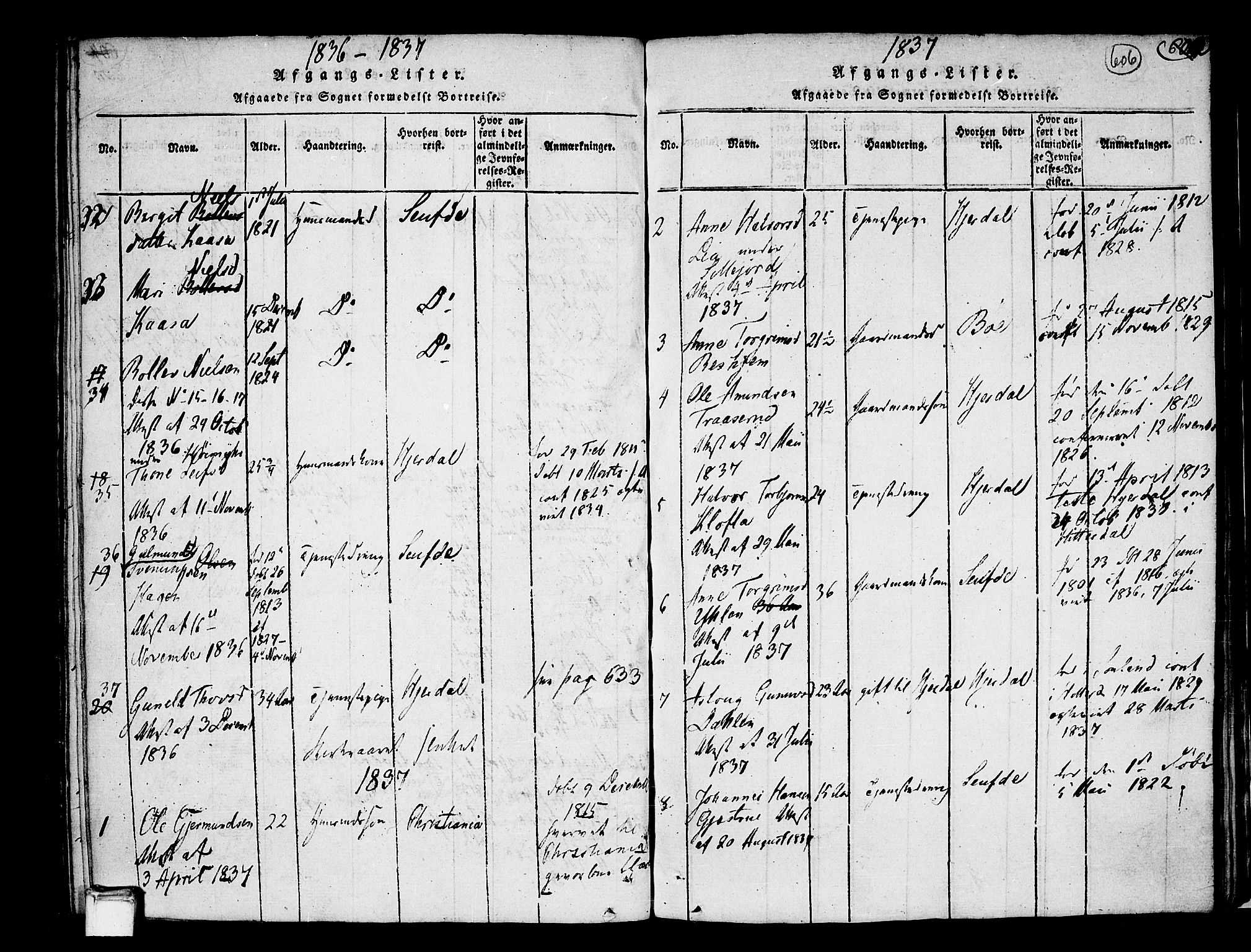 Heddal kirkebøker, SAKO/A-268/F/Fa/L0005: Parish register (official) no. I 5, 1814-1837, p. 605-606