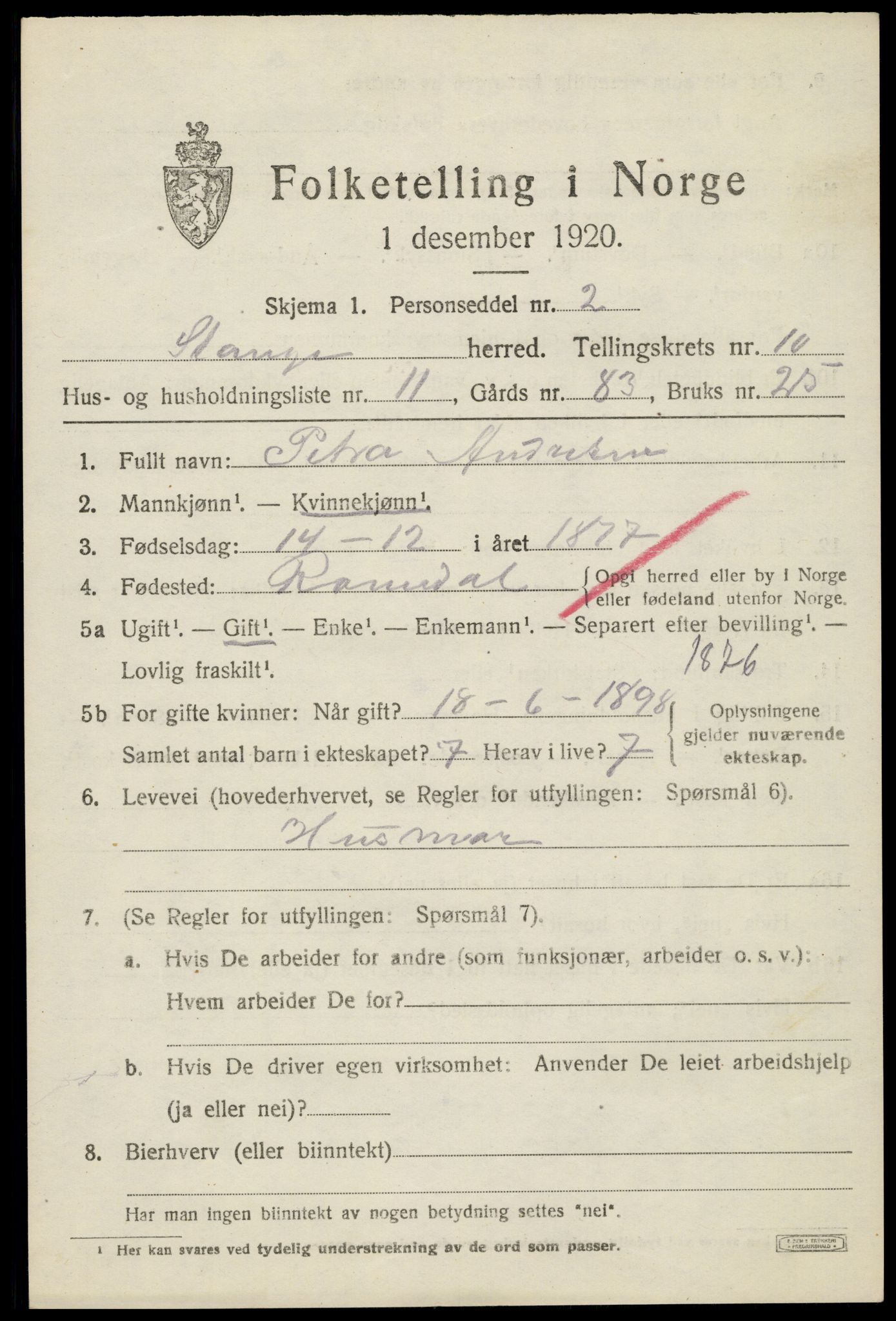 SAH, 1920 census for Stange, 1920, p. 15981