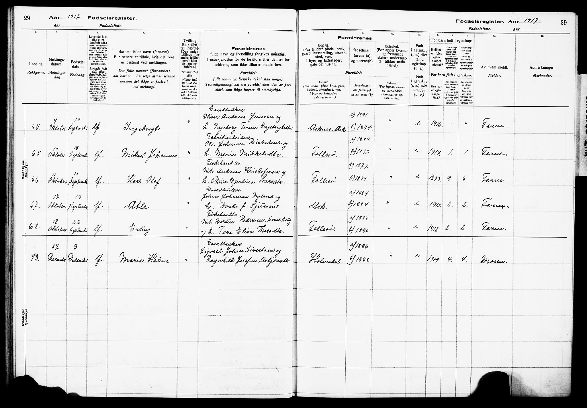 Askøy Sokneprestembete, AV/SAB-A-74101/I/Id/L00A1: Birth register no. A 1, 1916-1928, p. 29