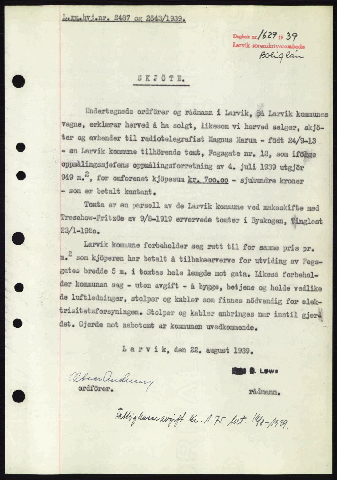 Larvik sorenskriveri, AV/SAKO-A-83/G/Ga/Gab/L0071: Mortgage book no. A-5, 1939-1939, Diary no: : 1629/1939