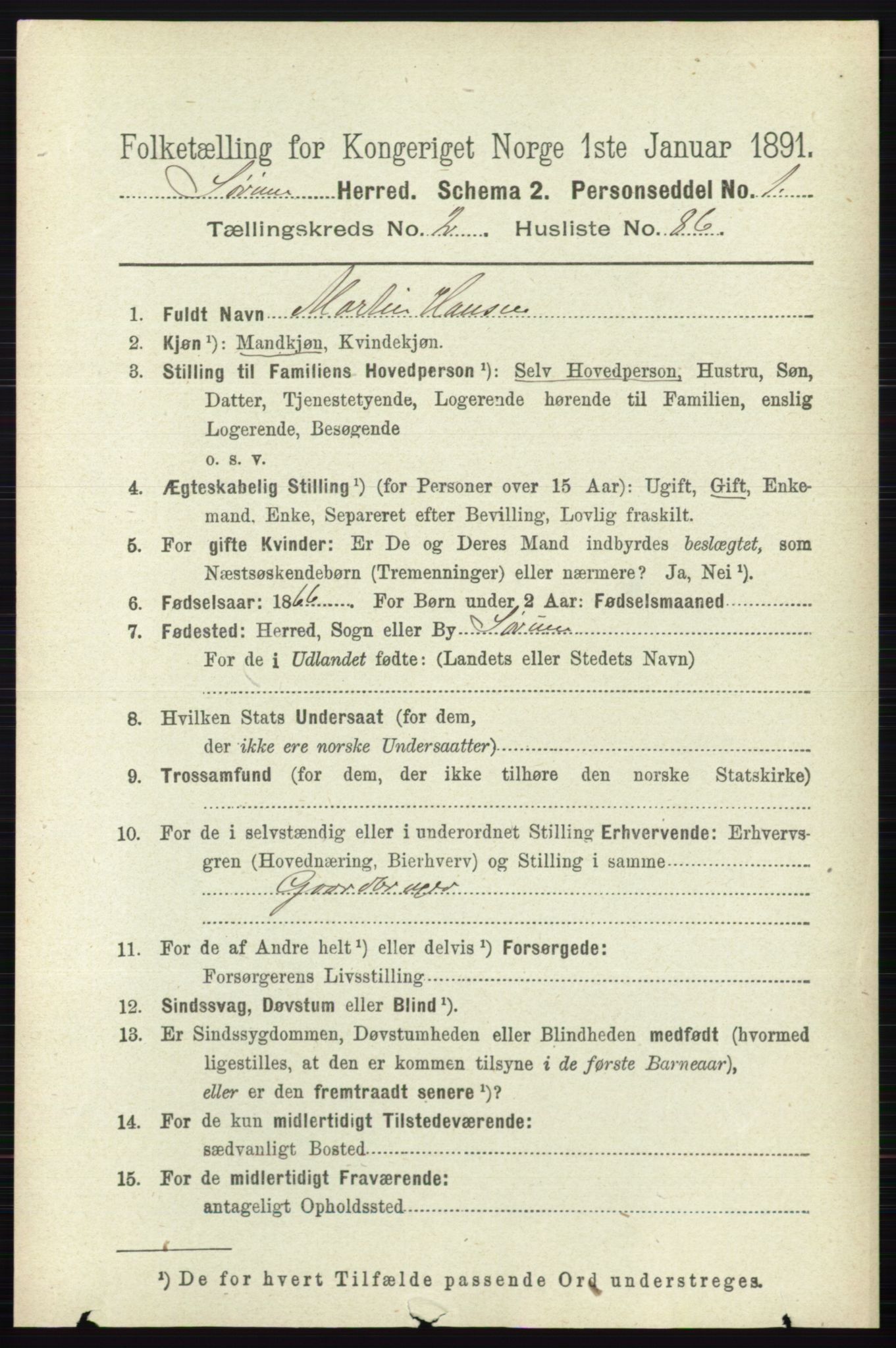 RA, 1891 census for 0226 Sørum, 1891, p. 1185