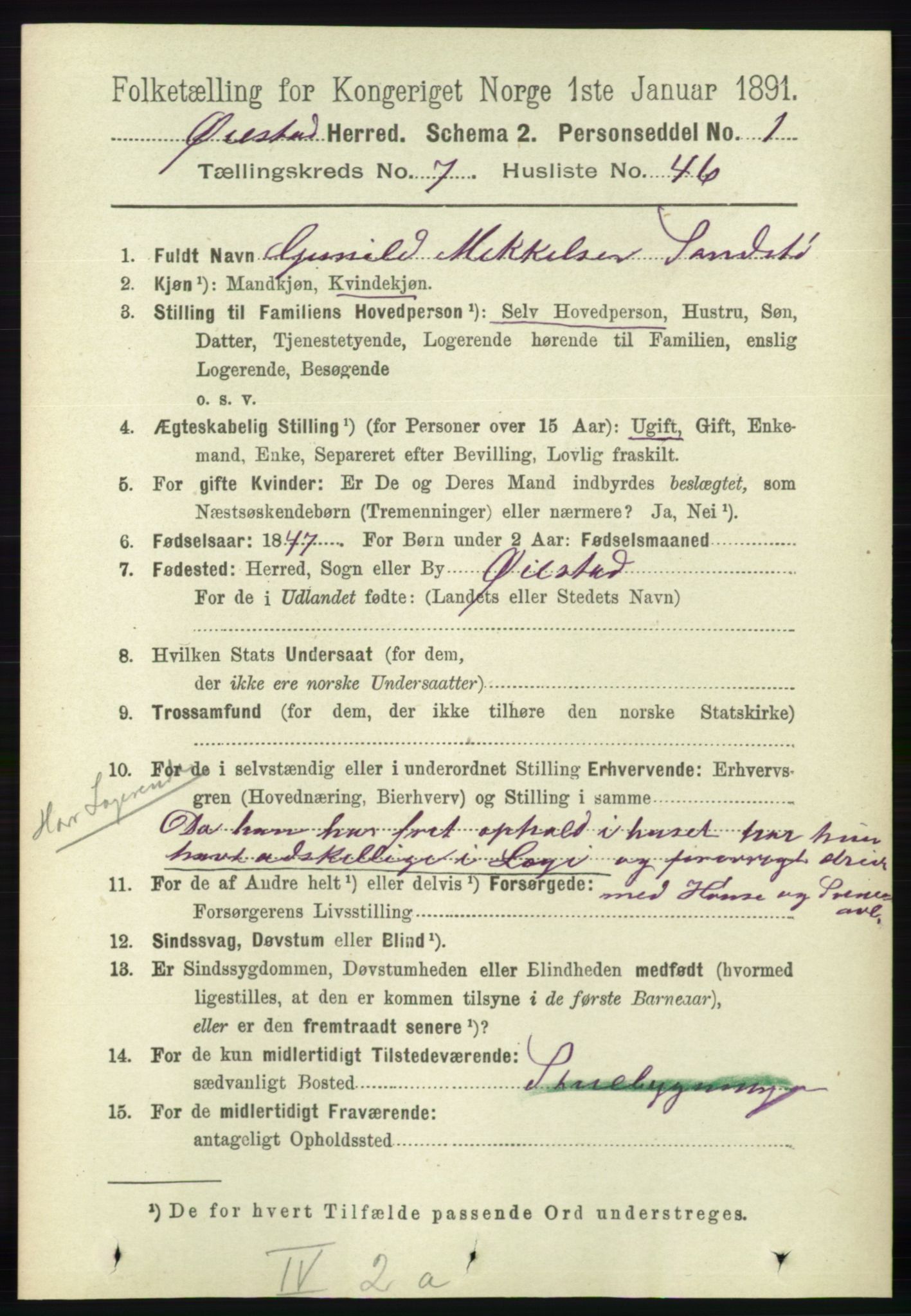 RA, 1891 census for 0920 Øyestad, 1891, p. 2908