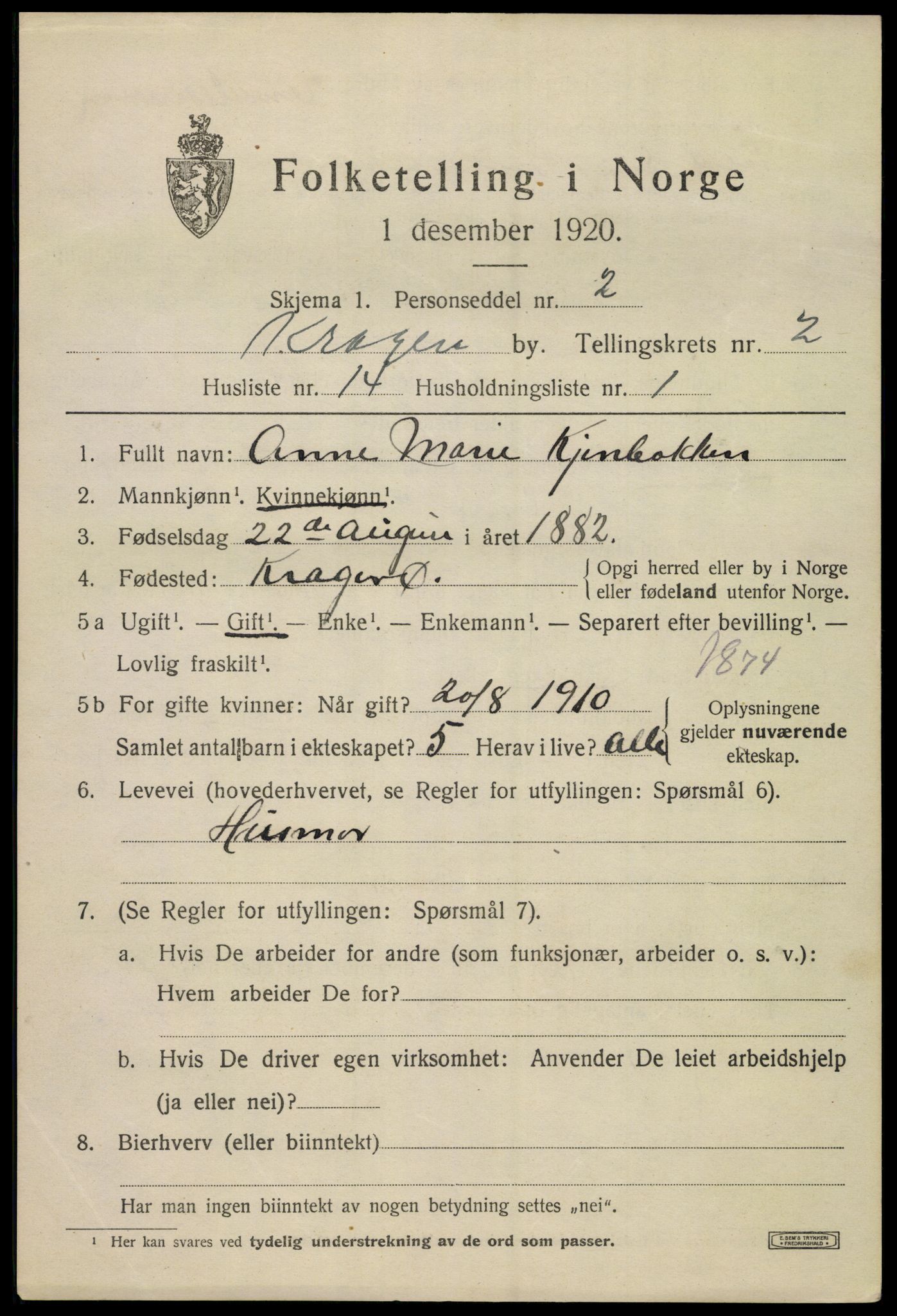 SAKO, 1920 census for Kragerø, 1920, p. 5483