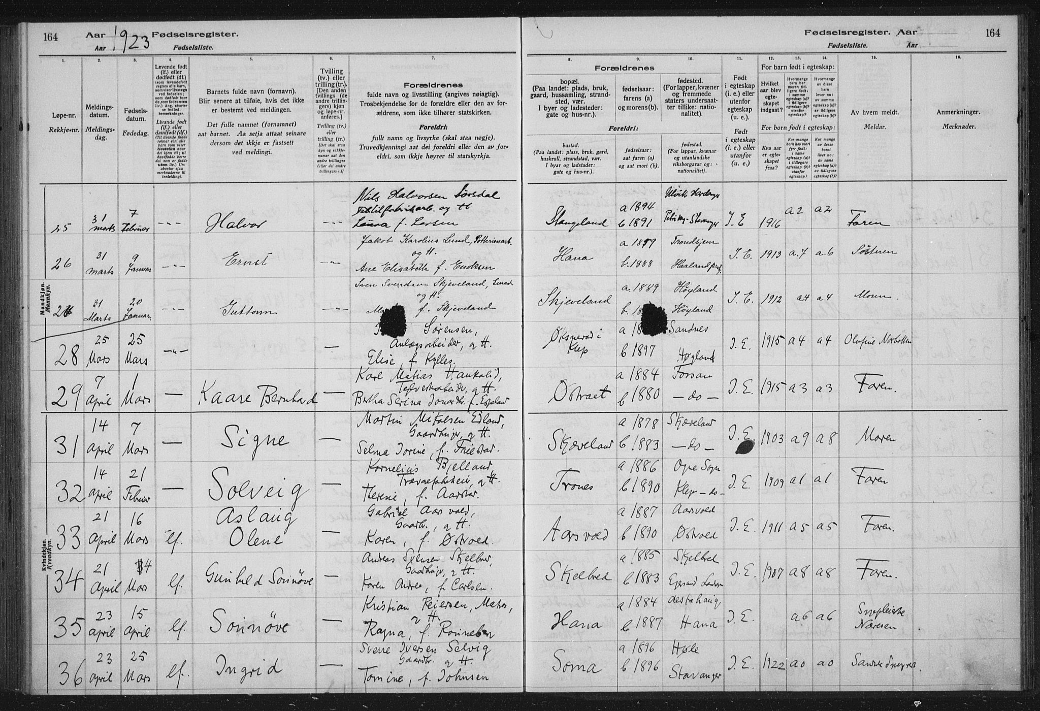 Høyland sokneprestkontor, SAST/A-101799/002/O/L0001: Birth register no. 1, 1916-1924, p. 164